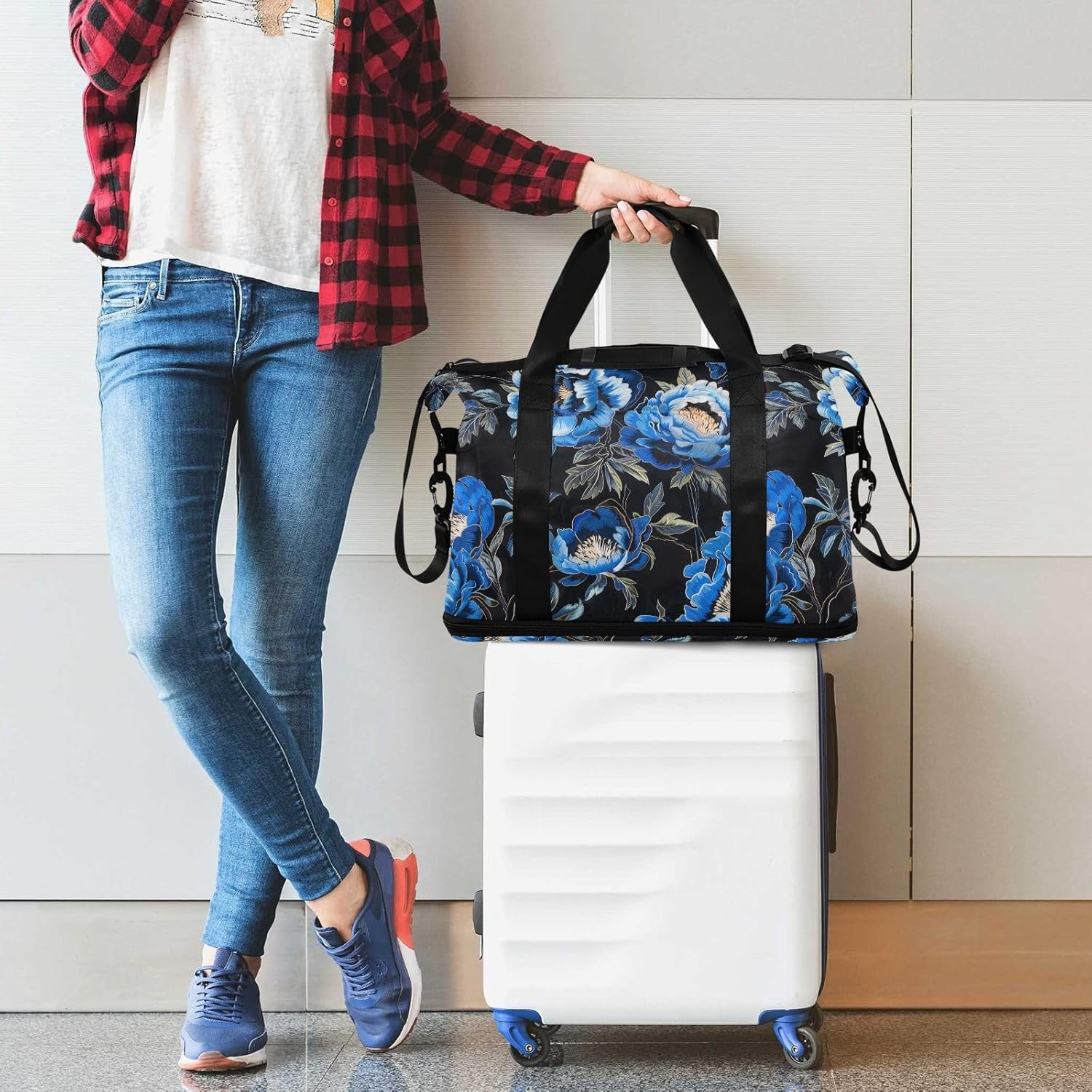 Black with Blue Peony Embroidery Personal Item Travel Bags Travel Weekender Gear Bag Tote Bag with Toiletry Bag for Airplane Traveling Foldable, Black with Blue Peony Embroidery, 1 Size image number 2