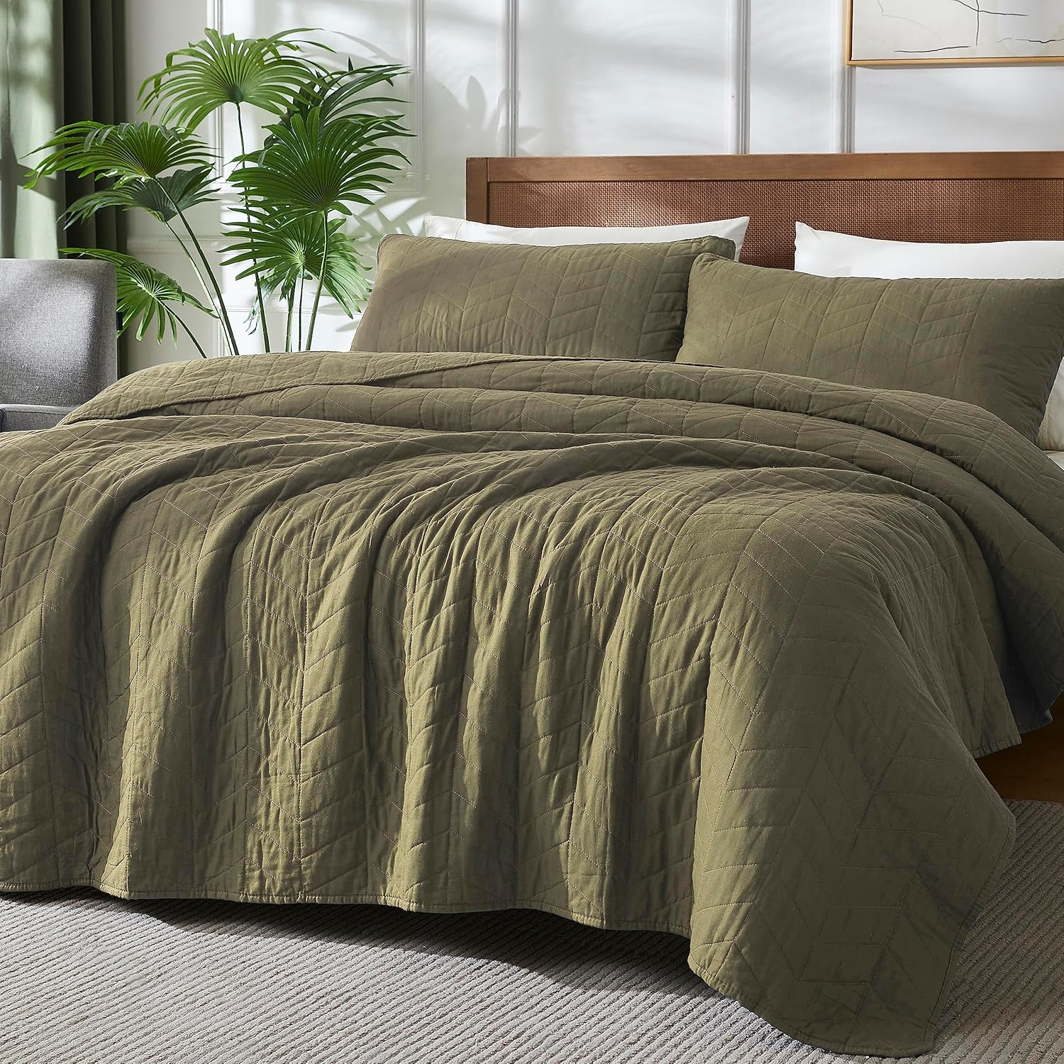 Palassio Green Cotton Quilt Queen Size Bedding Sets with Pillow Shams, Olive Lightweight Soft Bedspread Coverlet, Sage Quilted Comforter Bed Cover for All Season, 3 Pieces, 90X96 Inches image number 6