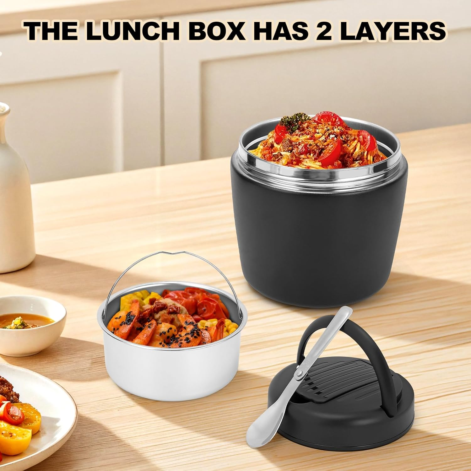 Insulated Food Jar 304 Stainless Steel 1.2L Portable Thermal Lunch Box Insulated Food Container with Spoon for School Travel Black image number 5