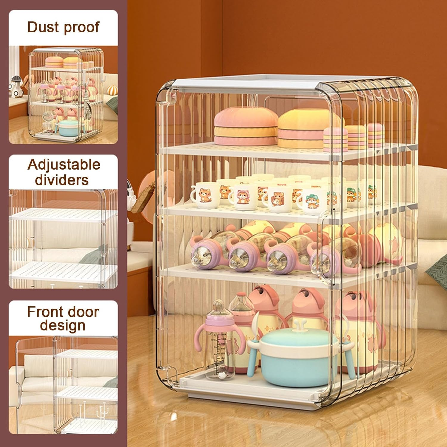Baby Bottle Storage Organizer for Countertop Cabinet, 3/4 Layers Nursery Drying Rack Child Tableware, Baby Bottles Station Organizer Container, Space-Saving Dust Protection Clear Bottle Holder image number 5