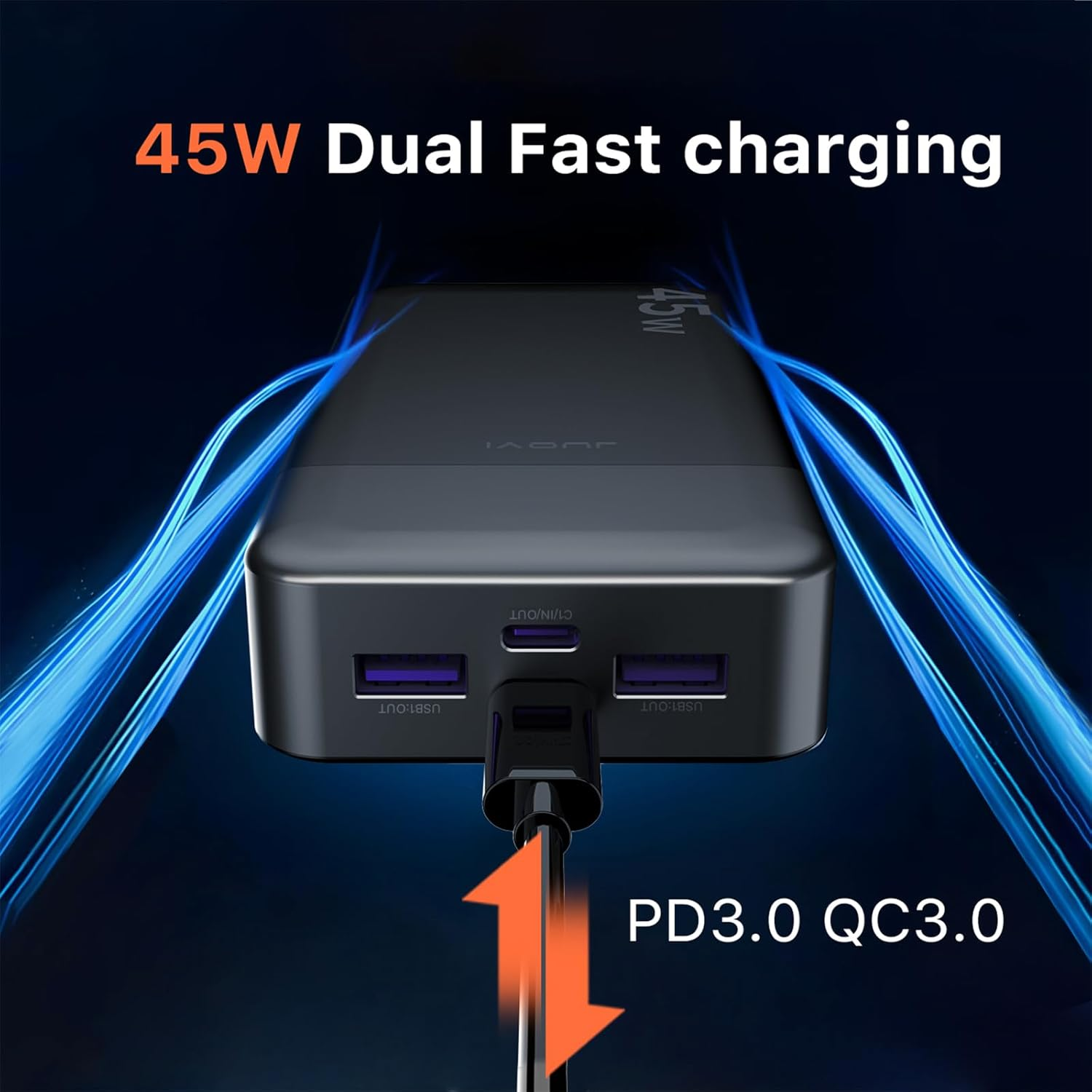 JUOVI Power Bank 20000Mah, 45W Portable Charger, Samsung Super Fast Charging with LED Display Portable Phone Charger, USB C Power Bank for Macbook, Iphone 16 15 14 13 Pro Samsung S24 S23 (Black) - Black image number 2