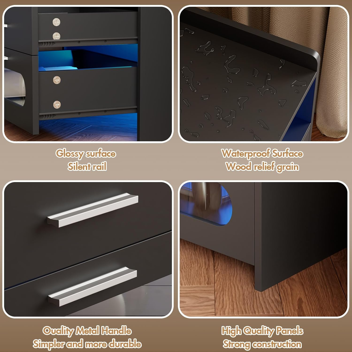 Advwin Bedside Table with 2 Drawers(1 Glass Visible), Large Nightstand with LED Light, Wireless Charging Station and USB Port for Bedroom Living Room, Black image number 6