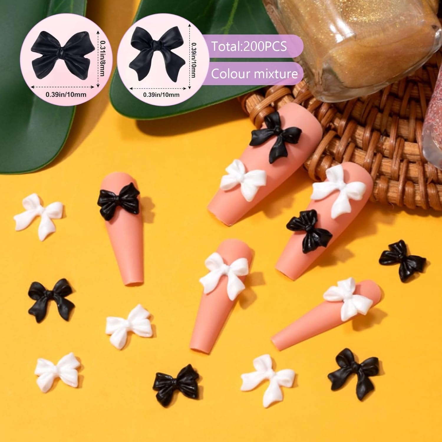 200Pcs 3D Colorful Aurora Bow Nail Art Decoration, Bow Nail Charms Nail Multi-Shape Charms Pendant Pearls Art Accessories(Black White) image number 2