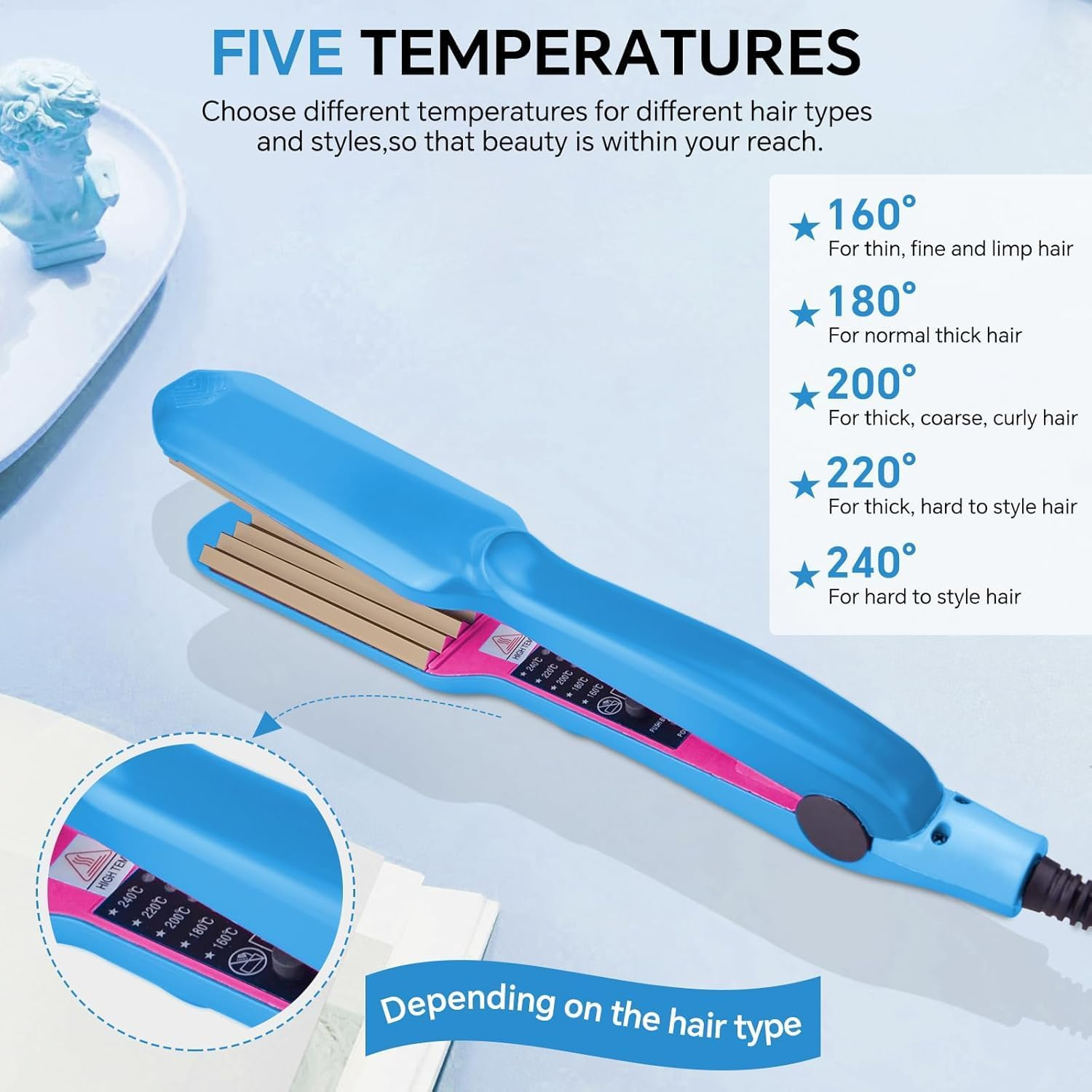 Hair Crimper 30S Rapid Heating Volumizing Crimping Iron for Fluffy Style Professional Crimping Iron for Women 5 Adjust Temp (Blue) - Blue image number 3
