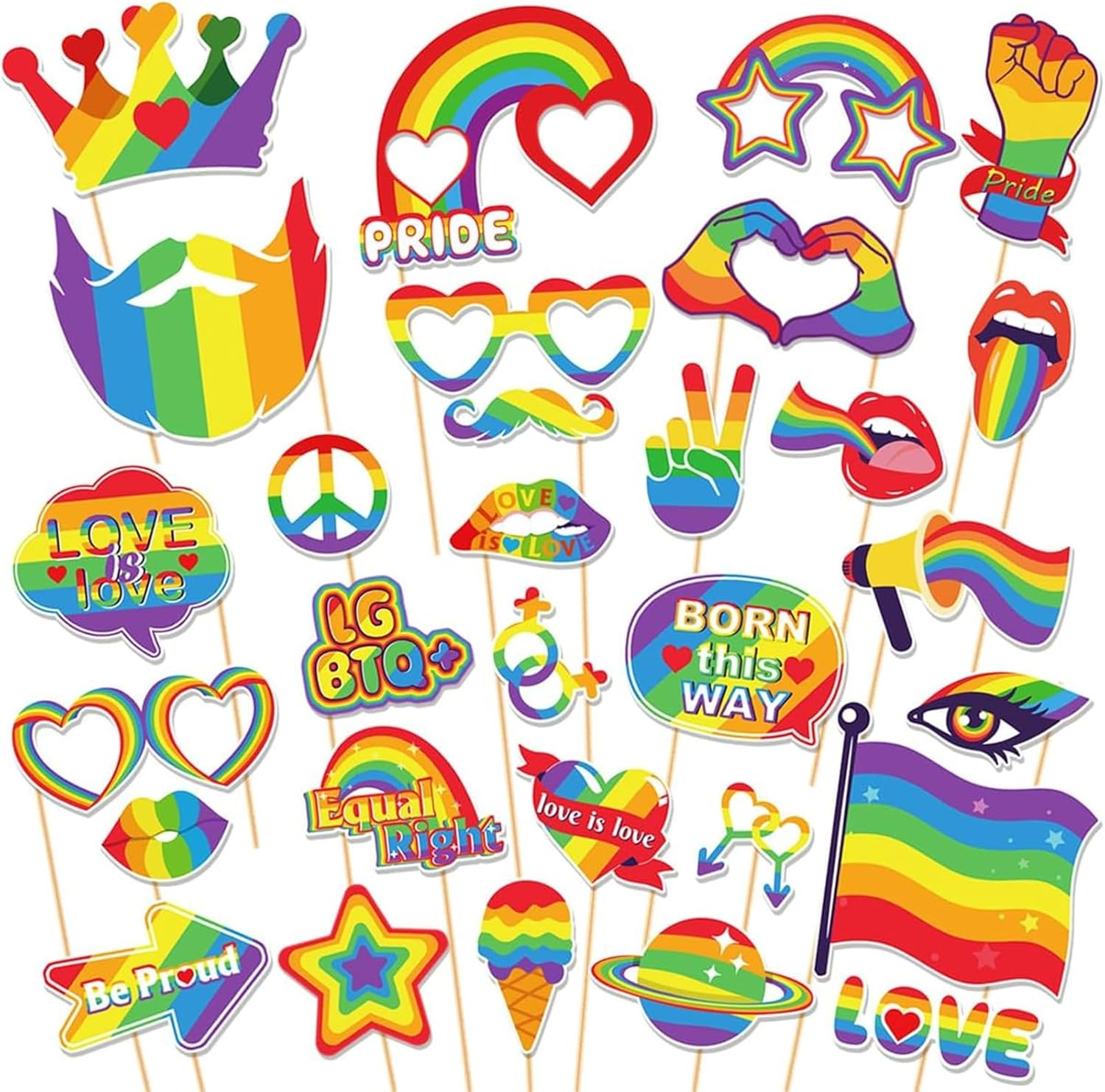 30 Pcs Pride Month Rainbow Photo Booth Props, LGBTQ Love Is Love Paper Selfie Props for Pride Month Party Decoration, Gay Lesbian Party Favors image number 1