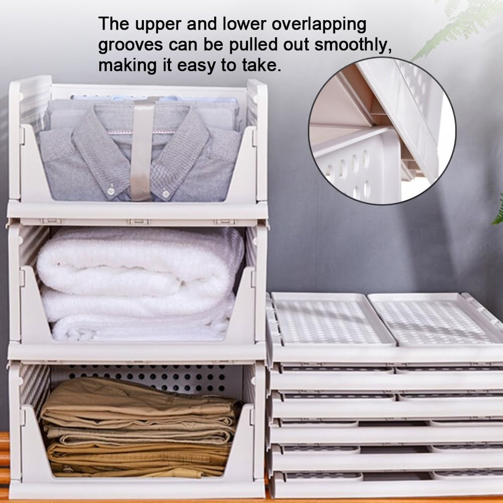 3 Pack Stackable Clothes Storage Folding Wardrobe Storage Box Basket Organizer Bins Sliding Cabinet Drawer Shelf for Wardrobe Cupboard Kitchen Bathroom Office (White) image number 6