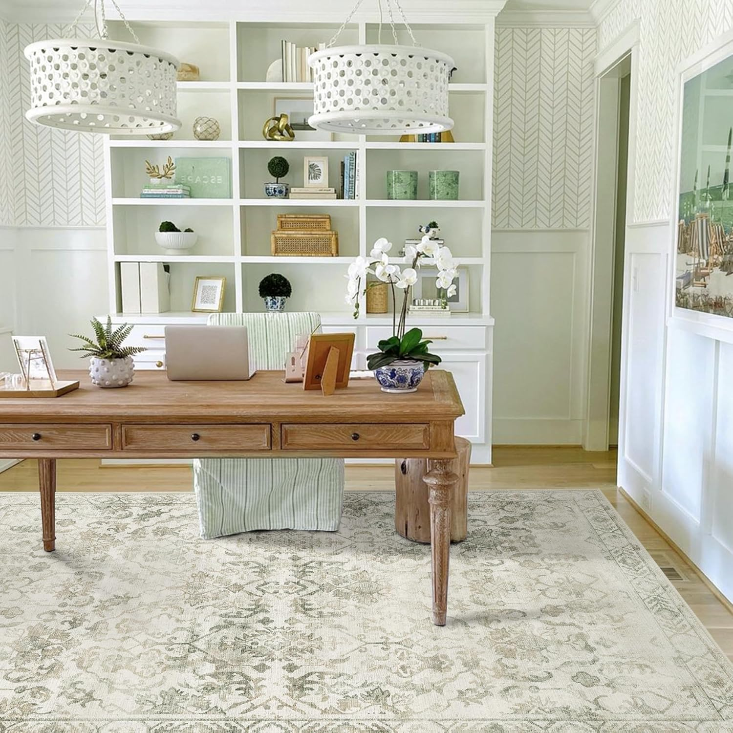 YOUZI Large Vintage Rugs for Living Room, Soft Low Pile Floral Area Rug Washable Non-Slip Boho Oriental Floor Rugs for Bedroom Kitchen Office Dining Room (Lightgreen, 200X300Cm) image number 2