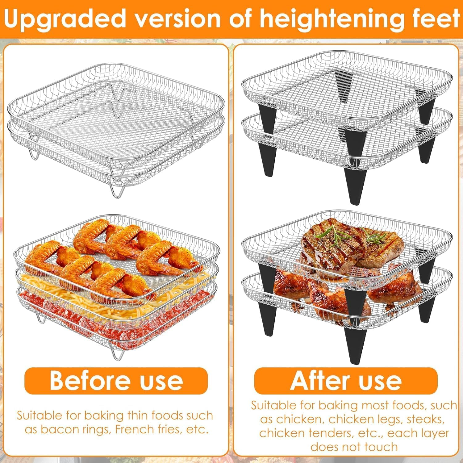 3 Layer Air Fryer Rack,8X8 Inch Air-Fryer Rack Accessories with 8 Silicone Feet 1 Anti-Scald Clip,Stainless Steel Grill Dehydrator Rack,Stackable Grill Dehydrator Rack for 5L-7.5L Air Fryers image number 1