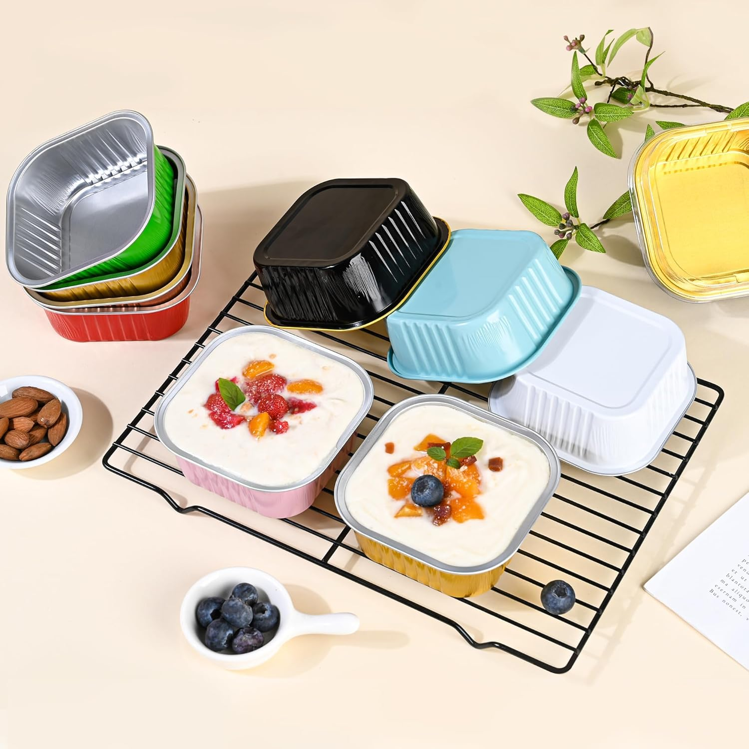 40 Pack Mini Cake Pans with Lids, 5Oz Square Aluminum Foil Brownie Baking Cups, Muffin Tin Ramekins, Disposable Dessert Cupcake Cups for Wedding Birthday Party, White - Blue image number 6