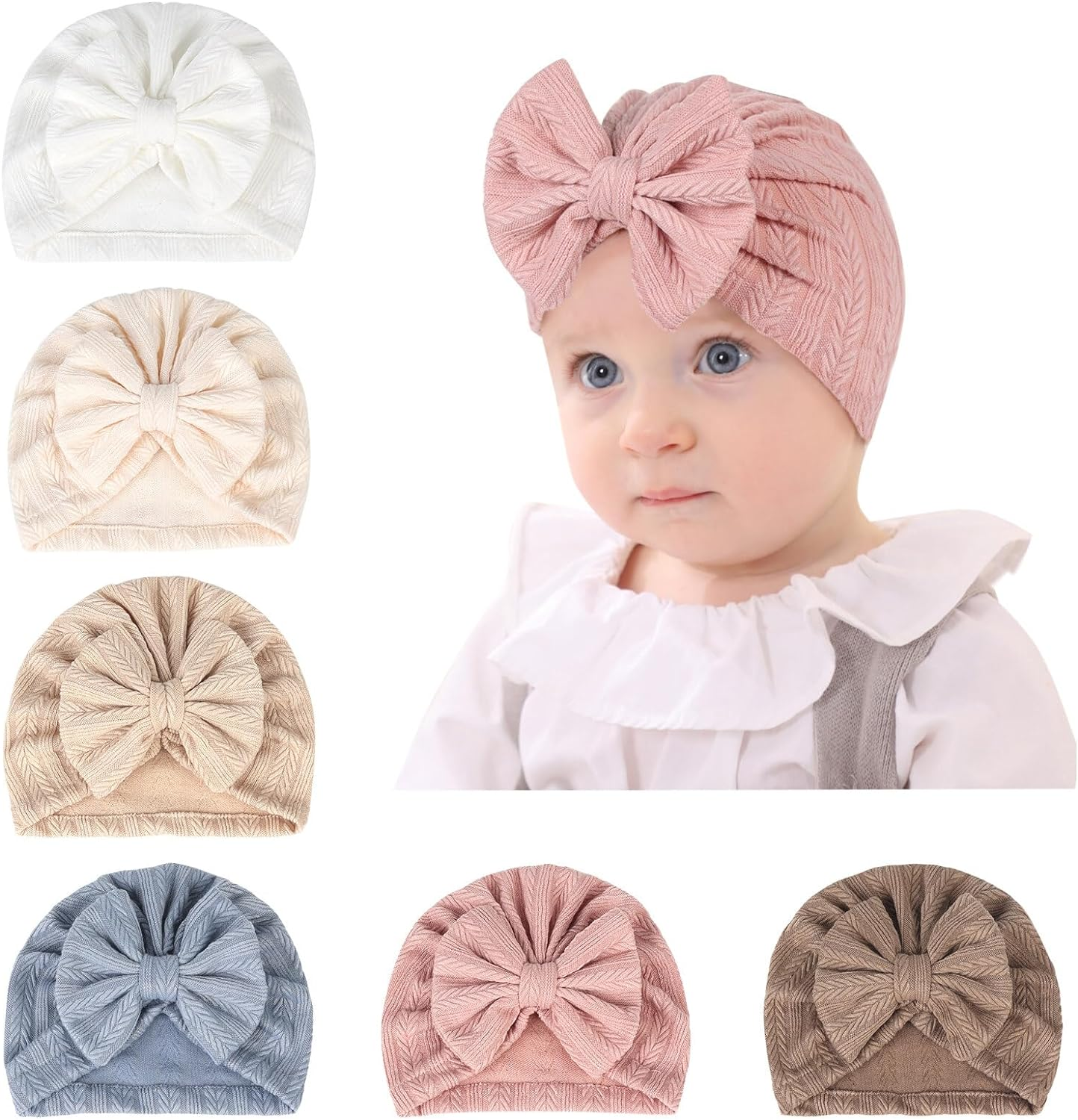 SEAUR Newborn Baby Girls' Turban Hats Cotton Bow Beanie Spring Toddlers Kids Headwraps Infant Caps 6 Pack Type-01 image number 3