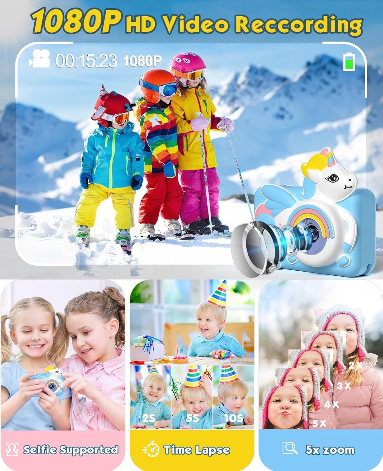 Kids Digital Camera with Tripod, 1080P HD /2 Inch Screen/ 32G Card/Music Video Camera with Unicorn Silicone Cover, Children Selfie Camera for Boys Girls Age 3-12 Years Old (Blue) image number 3