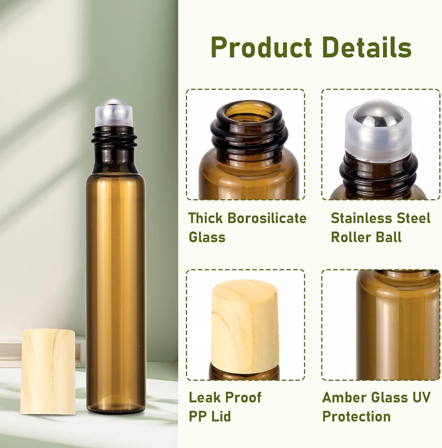 10Ml(1/3 Oz) Amber Glass Roll on Bottles, 8 Pack Leak Proof Refillable Roller Bottles for Essential Oils, Perfume, DIY Craft, Samples, Eye Roller, Travel Portable image number 6