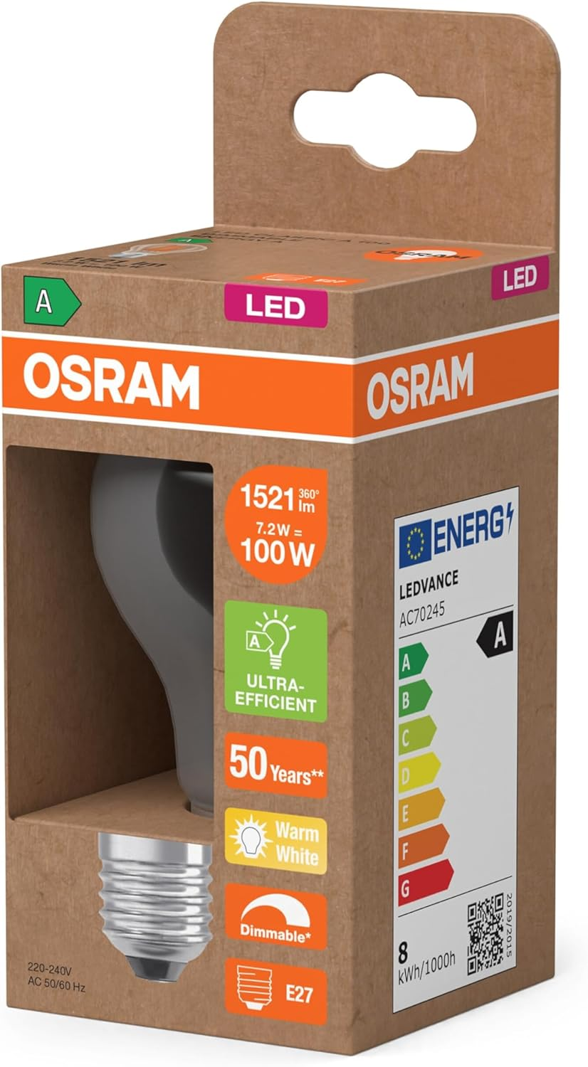 OSRAM Classic a 100 Filament LED Bulb Warm White LED Bulb 7.2W 1521LM 2700K E27 Clear Dimmable Energy Class A image number 1