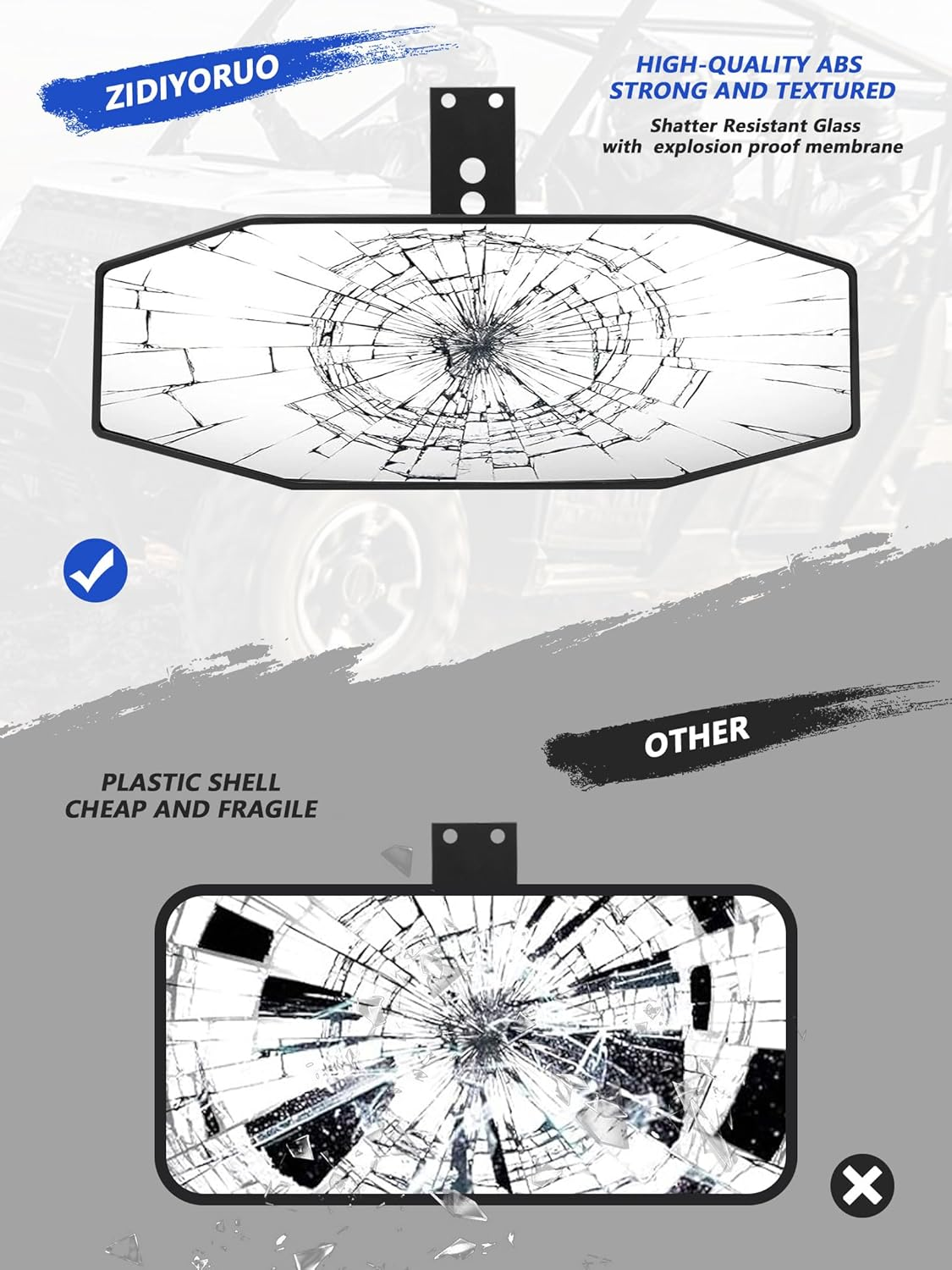 Polaris Ranger Rear View Mirror, ZIDIYORUO Adjustable Center Rearview Mirror for Polaris Ranger 500 570 900 XP 1000XP Crew 2017-2023, Fit Factory Drop down Mounting Tab (With 2Pcs of Belt Bypass) image number 6