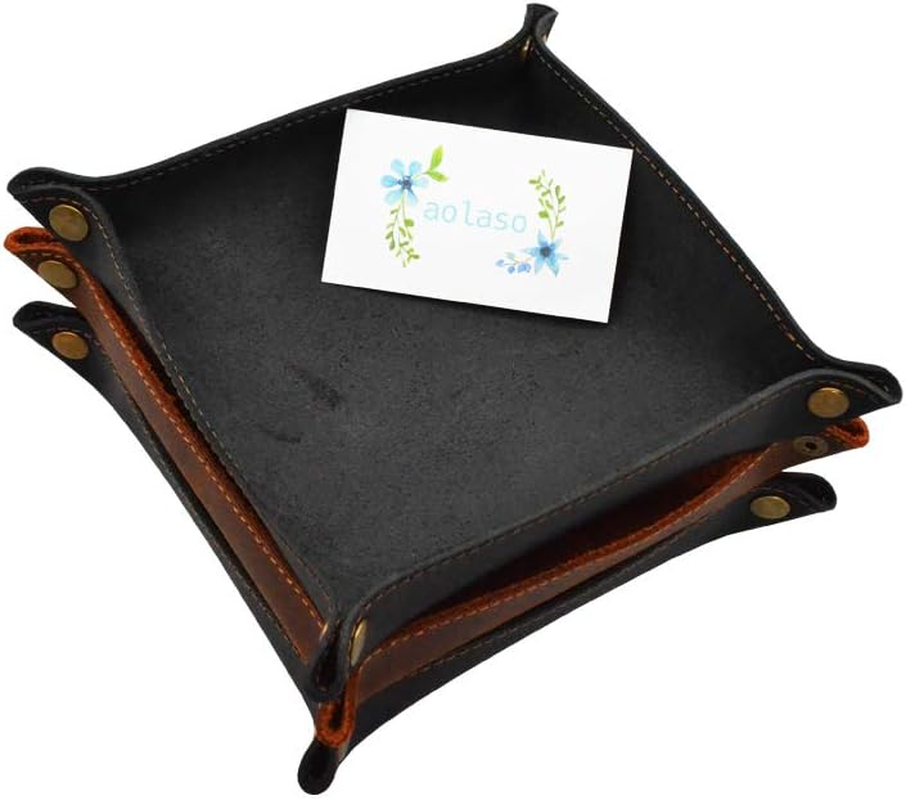 Valet Tray- Genuine Leather Catchall Tray Desktop Storage Organiser- beside Trinket Vanity Tray for Key, Wallet, Phone, Watches, Candy-Black