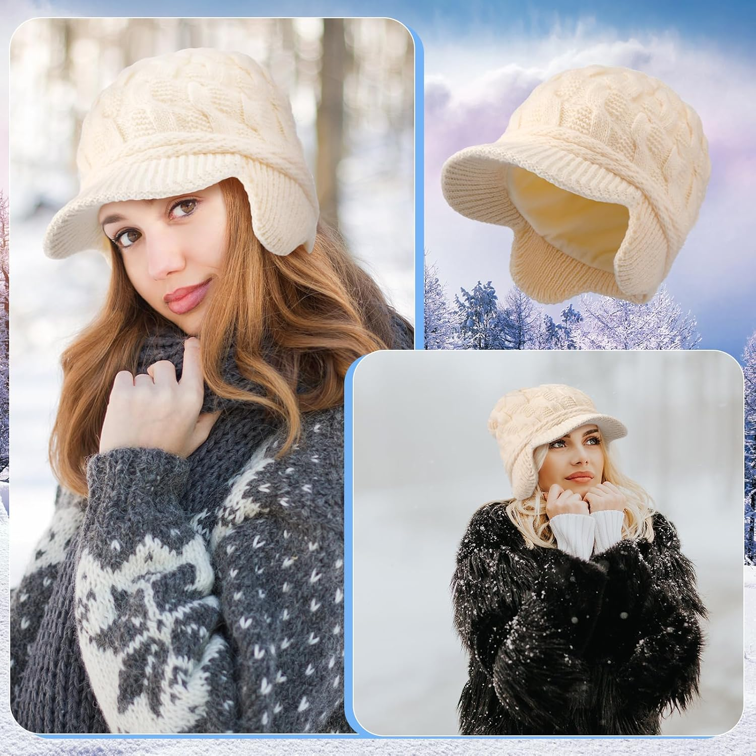 Jenaai Winter Beanie with Brim and Earflap for Woman Outdoor Warm Thermal Knitted Hat for Women Men Cold Weather Beige image number 4