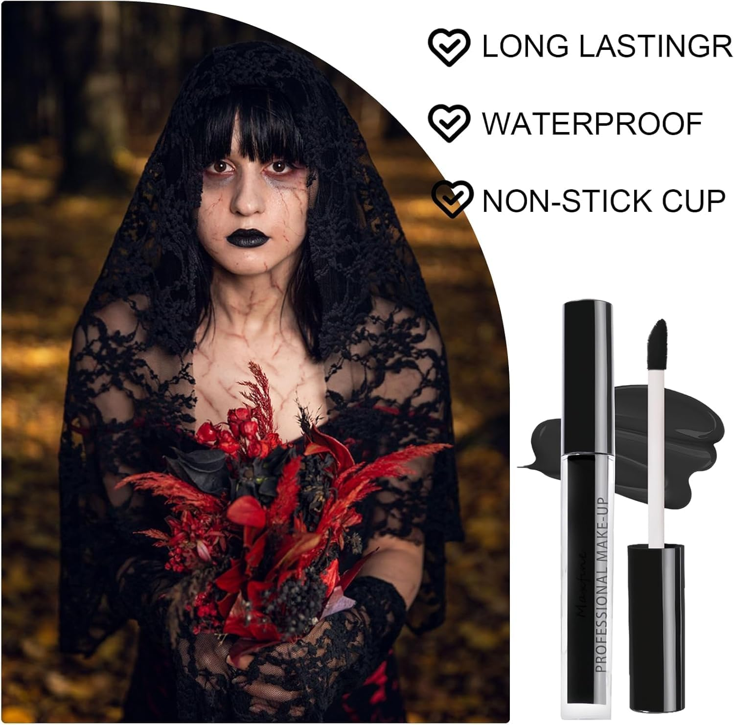 Halloween Matte Liquid Lipstick Tube, Waterproof Lip Gloss High Pigmented Matte Velvety Creamy Lipstick, Smudge Proof & Non-Stick Lip Stain, Bold Goth Face Paint (Black, M) image number 3