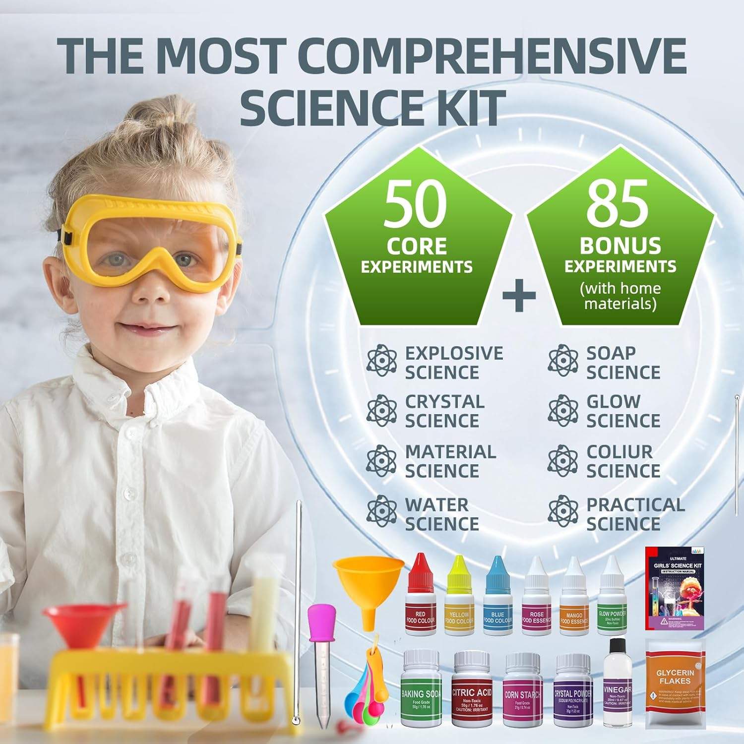 Fabulistic Kids Science Kit - 120+ STEM Experiments for Ages 8+, Volcano, Crystals, Glow in the Dark, Color Reactions & More, Chemistry Lab Gift Set