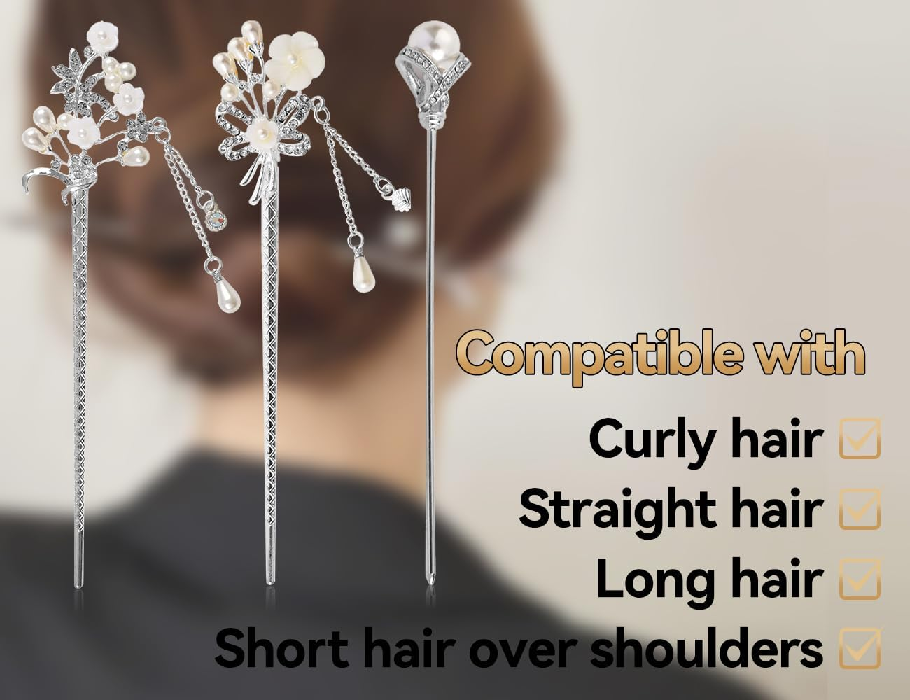 Emezddo Pack of 3 Pearl Hair Sticks, Chinese Hairpin, Vintage Tassel Hairpin, Flower Hair Accessories, Used for Girls Women, for Retro Parties, Traditional Chinese Festivals image number 6