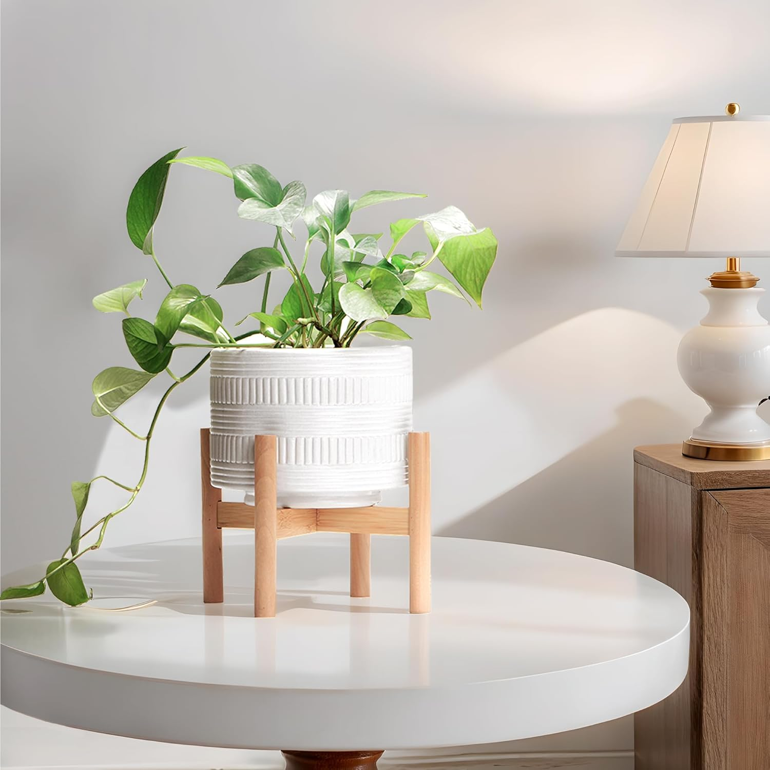 Kurrajong Farmhouse Ceramic Planter Pot with Wood Stand for Indoors (White) - White image number 3