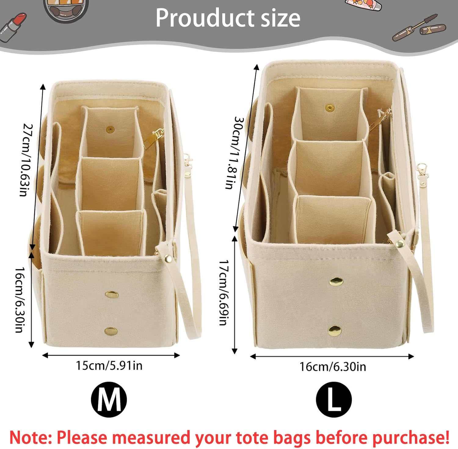 Hejo Handbag Organiser, Felt Bag Organiser, Bag in Bag Organiser, Bag Organiser Shopper, Multi-Pocket Handbag Inner Pocket for Women Girls (Beige, M)