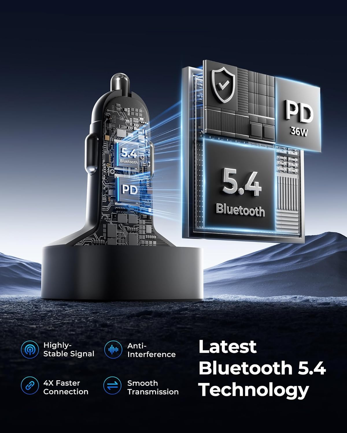 LENCENT Bluetooth 5.4 Car Adapter FM Transmitter 54W Fast Charging (PD 30W & QC18W), Dual Mics, Hifi Bass, 2 Modes LED Backlit, Cigarette Lighter Adapter Hands-Free Calling Radio, Support USB Drive image number 1