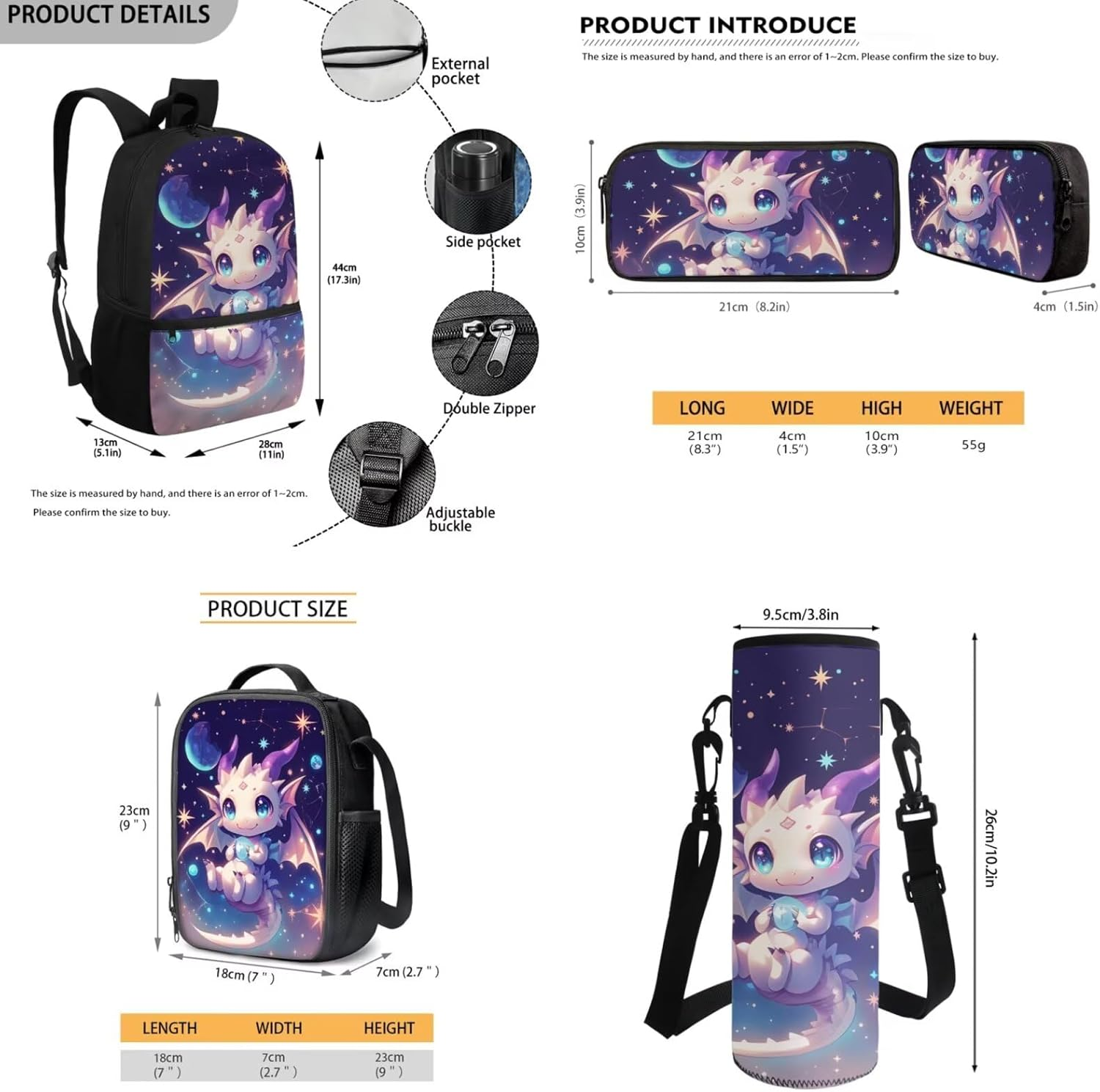 JEOCODY Kids Backpack Set 4 Piece School Bag with Lunch Bag Pencil Case Water Bottle Holder for Boys and Girls, Cute Galaxy Dragon Printed - Capybara Printed image number 7