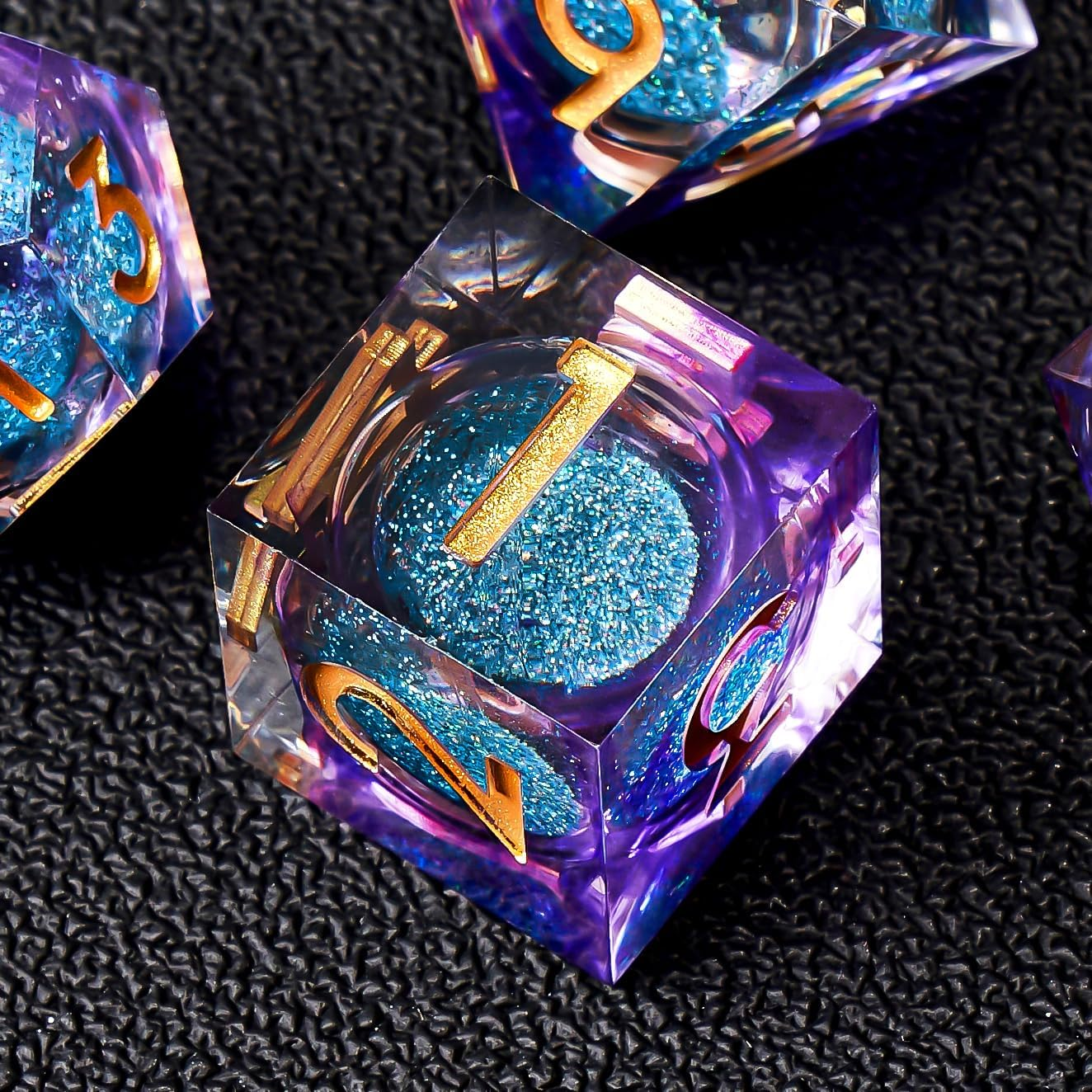Liquid Core DND Dice Set,Sharp Edge Liquid Core Resin Handmade Cat Eye Dice with Gift Box 7 PCS for Role Playing Dungeons and Dragons Ttrpg(Purple&Blue Quicksand) - Blue Dark Cat Eye image number 6