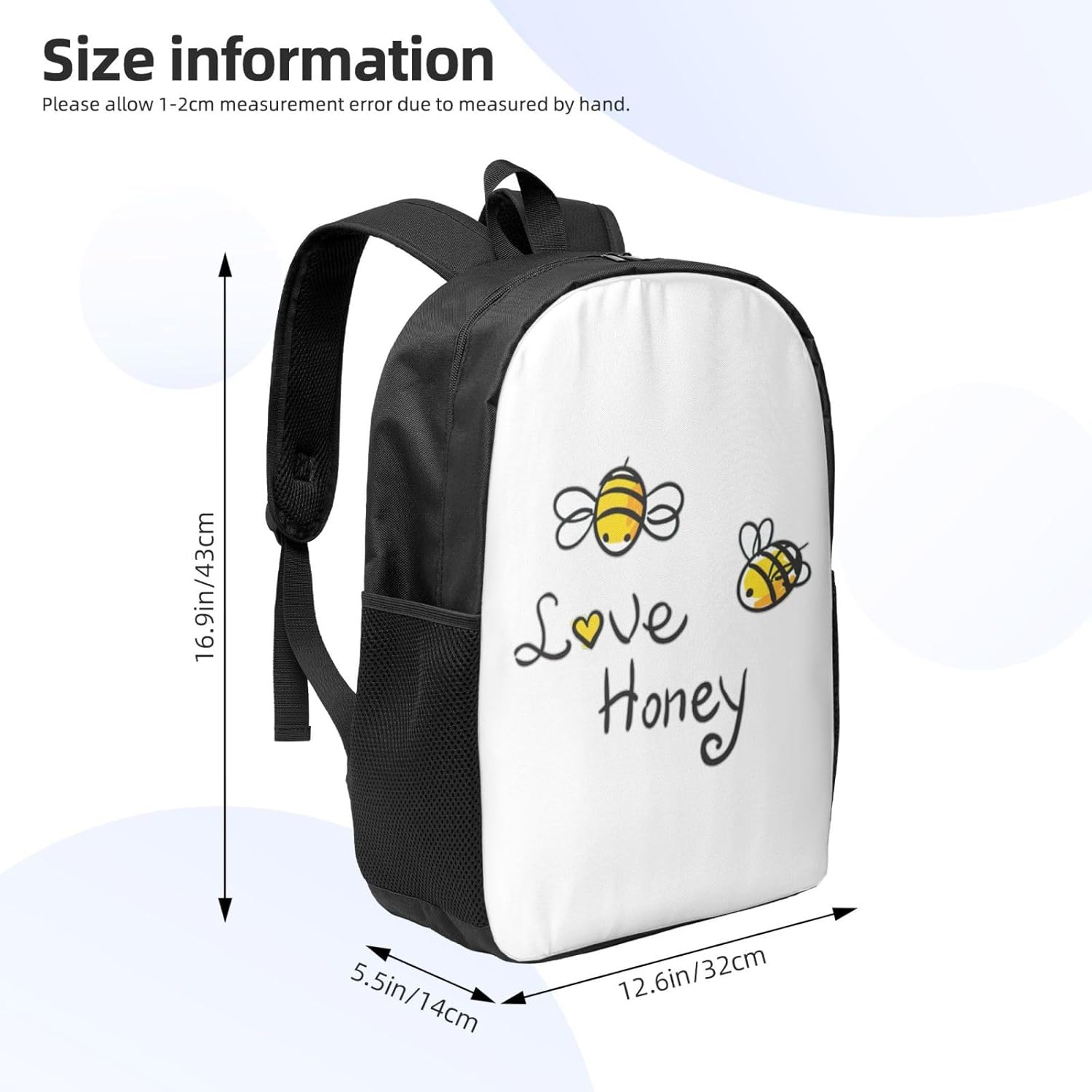 Edwal Bee Love Honey Print Lightweight Backpack Unisex Casual Rucksack Travel Stylish Daypack for Work College, Black, One Size image number 5