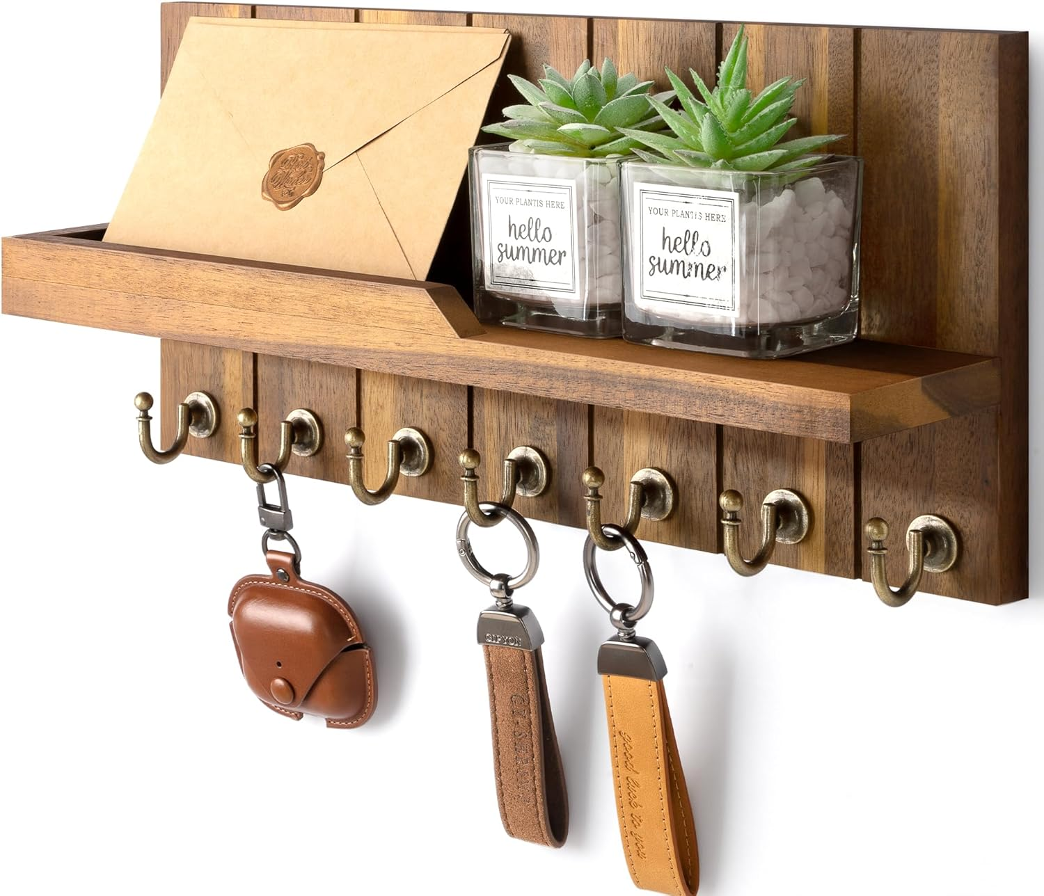 Rebee Vision Decorative Key Holder for Wall - Rustic Key Hooks with Shelf and Mail Organizer Wall Mount for Farmhouse Home Decor or Living Room - Home Essentials for New Home (Retro Brown)