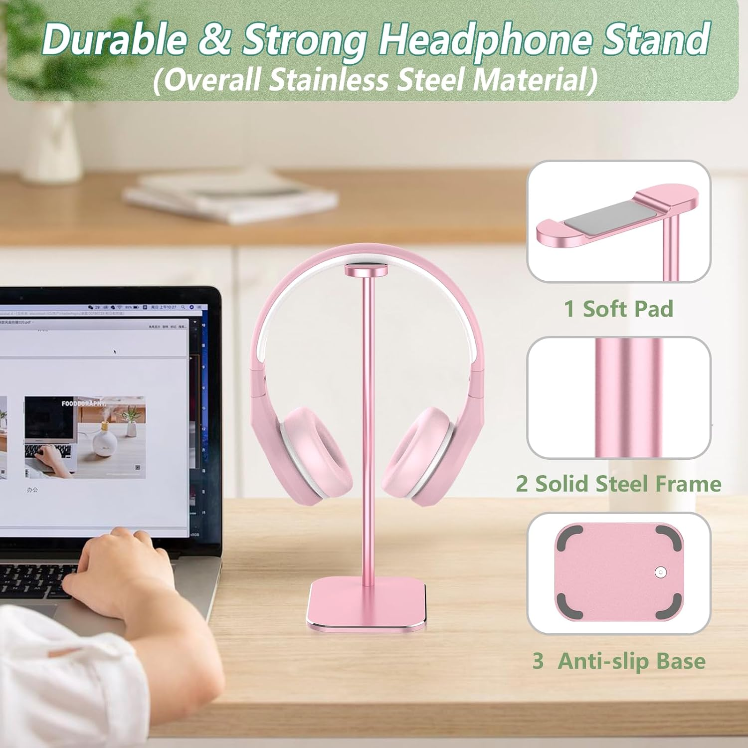 Headphone Stand, Overall Alunminun Headset Stand, Heavy-Duty Solid Base Universal Fit for Gaming Headsets, Wireless Headphones Rose Gold image number 3