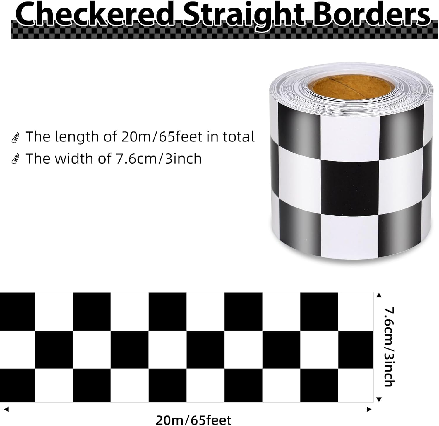 65 Feet Bulletin Board Borders, Checkered Flag Decorative Bulletin Border, Road Race Rolled Blackboard Straight Trim Borders Back to School Decoration for Classroom and Home