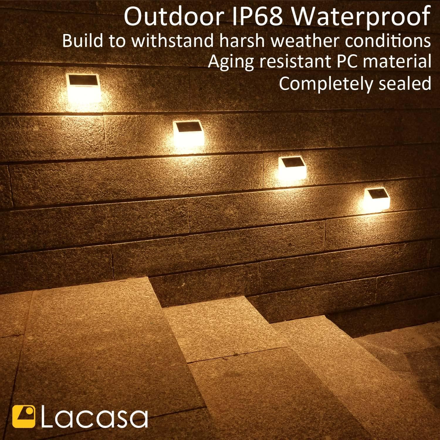 Lacasa Solar Fence Lights Outdoor, 4 Pack 24 LED Solar Deck Lights Waterproof Accent Wall Lights, up All Night Lighting for Garden Step Patio Backyard Porch Pathway, 50LM Warm White image number 4