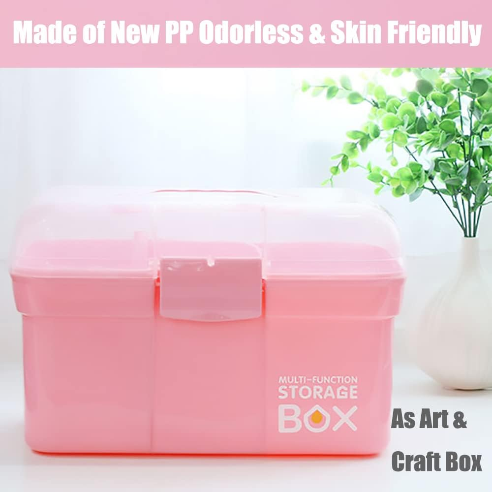 FOREVERIE Clear Plastic Medium Sewing Box Organiser with a Removable Tray, Arts & Crafts Supplies Storage Box, Portable Handled Makeup Box, Multipurpose Plastic Storage Containers (Pink)