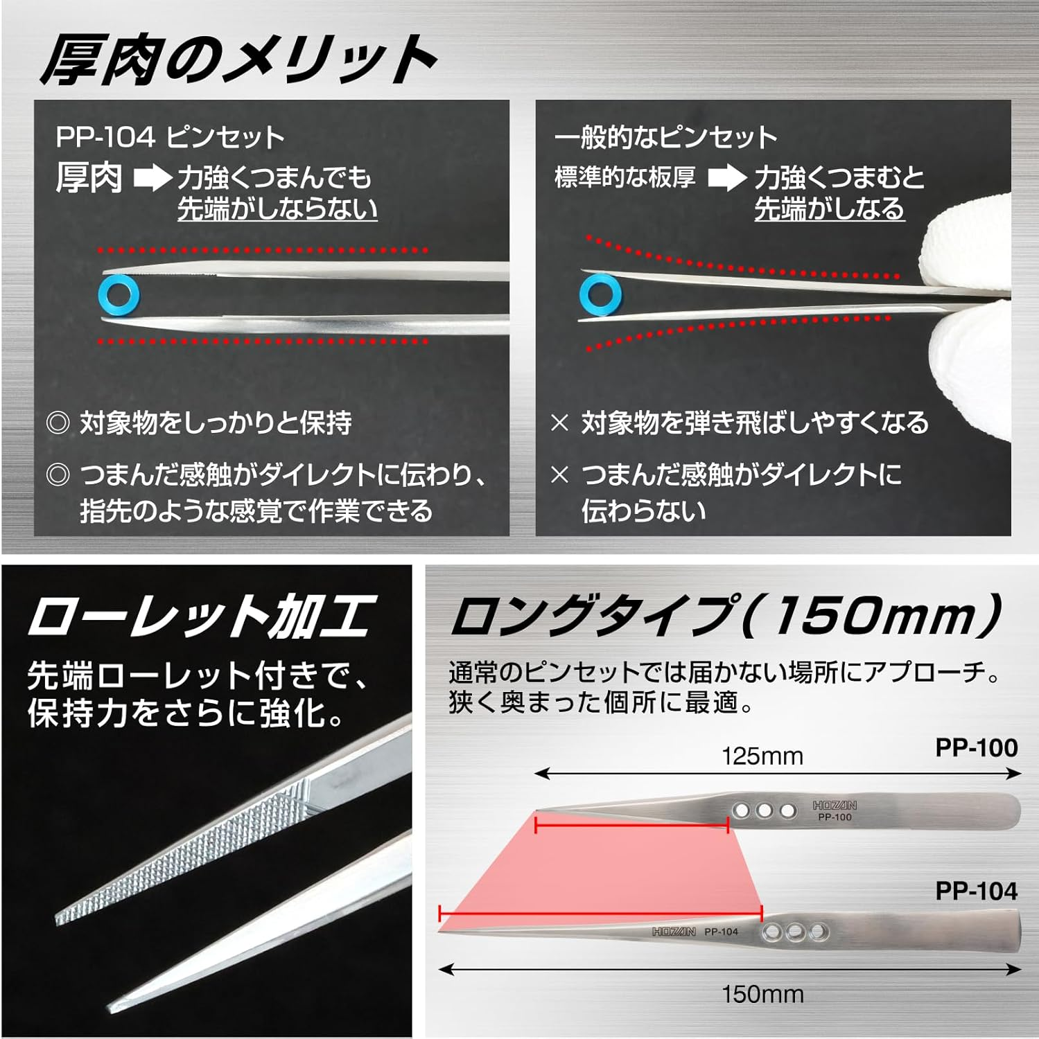 Hozan PP-104 Tweezers, Thick Finish, Plate Thickness: 0.1 Inches (2.5 Mm), Total Length: 5.9 Inches (150 Mm), Opening Width: 0.4 Inches (10 Mm), Tip Width: 0.02 Inches (0.5 Mm), Straight Type, Long image number 3