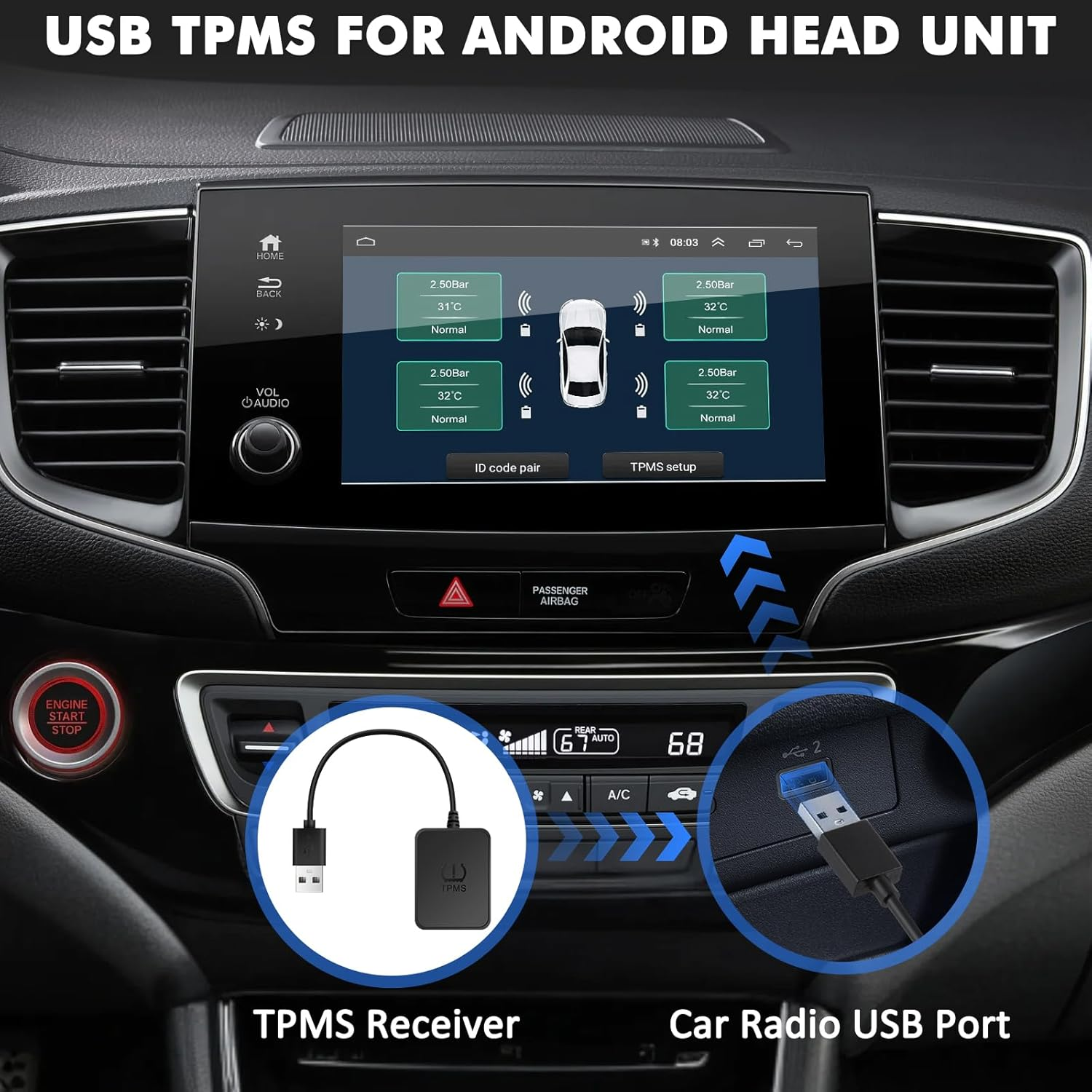 USB Car Tyre Pressure Monitoring System, Android TPMS for Android Navigation with 4 External Sensors, Auto Alarm, TPMS for Trucks Campers Trailers Sedan SUV RV MPV 0-116Psi image number 4