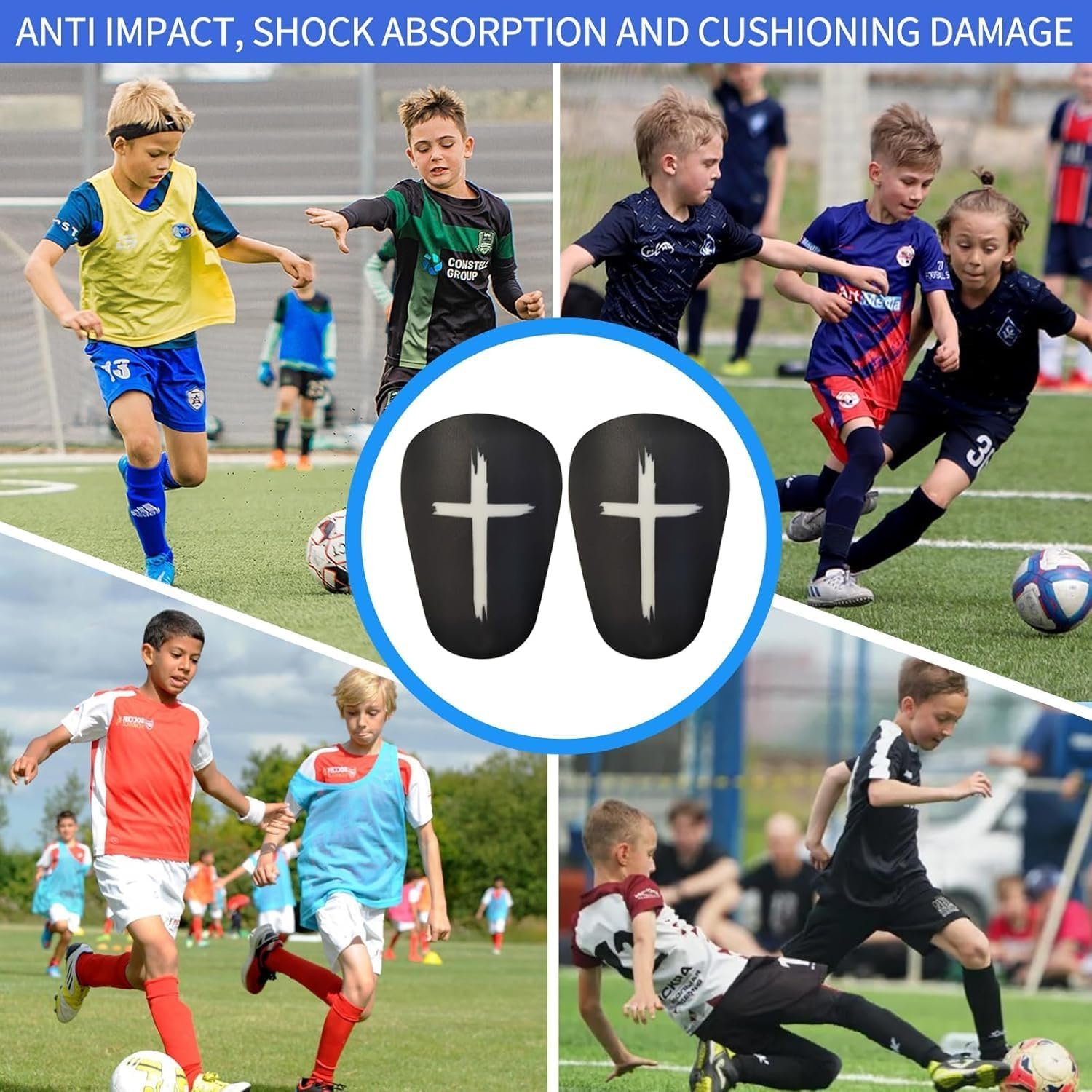 4Pcs Black and White Cross Protective Soccer Shin Pads ， Mini Football Shin Guards for Youth and Adults, Lightweight Comfortable Small Shin Pads, Durable Black and White Soccer Protective image number 2