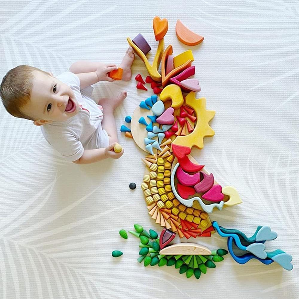 Large Set Full Rainbow Color Style Wooden Loose Parts Sensory Play Toys, Rainbow Mandala Loose Parts 7 Shapes, 27 Colors, Rainbow Stacker Nesting Toys Parts(81 PCS)&hellip;