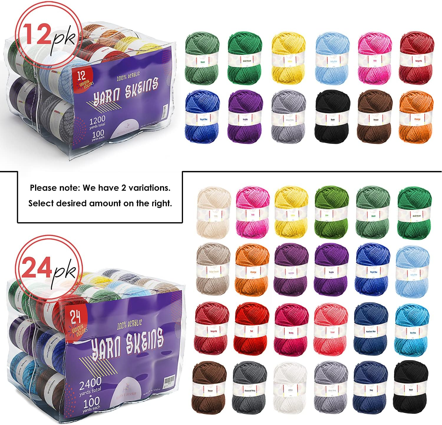 Hearth & Harbor Acrylic Yarn Skeins 24 X 50G - 2400 Yards for Crocheting Soft Crochet Knitting and Crafts Multicolored Craft Adults Kids Pack,(Vds-Hh-Yrn24) image number 5