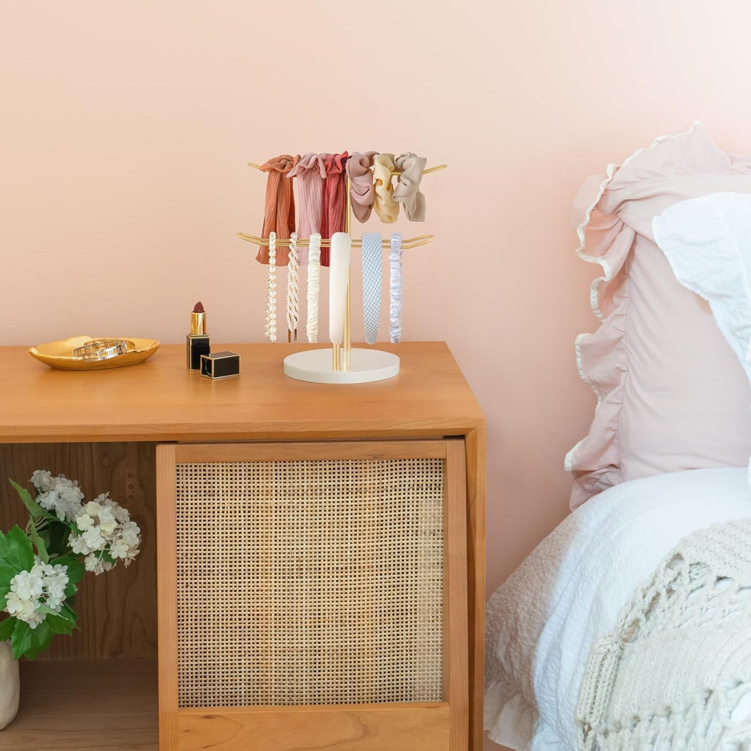 2 Tier Headband Organizer, Headband Holder Organizer Hairband Display Stand, Metal Storage Rack, Jewelry Display Stand, Metal Necklace Organizer for Headwear Hair Hoop Gift Women, Gold image number 6