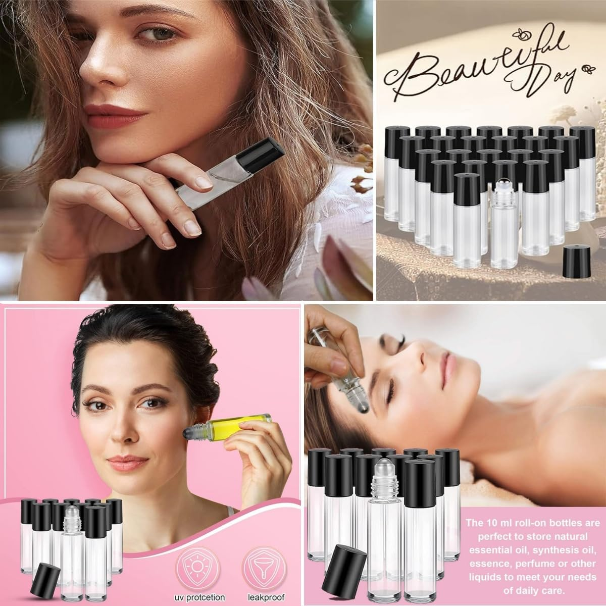 Wujzkisster 10 Pcs Glass Essential Oil Roller Bottles, Transparent Stainless Steel Balls, Leak-Proof Containers, Perfect for Aromatherapy and Facial Body Care, Refillable Bottles with Lids (10Ml) image number 3