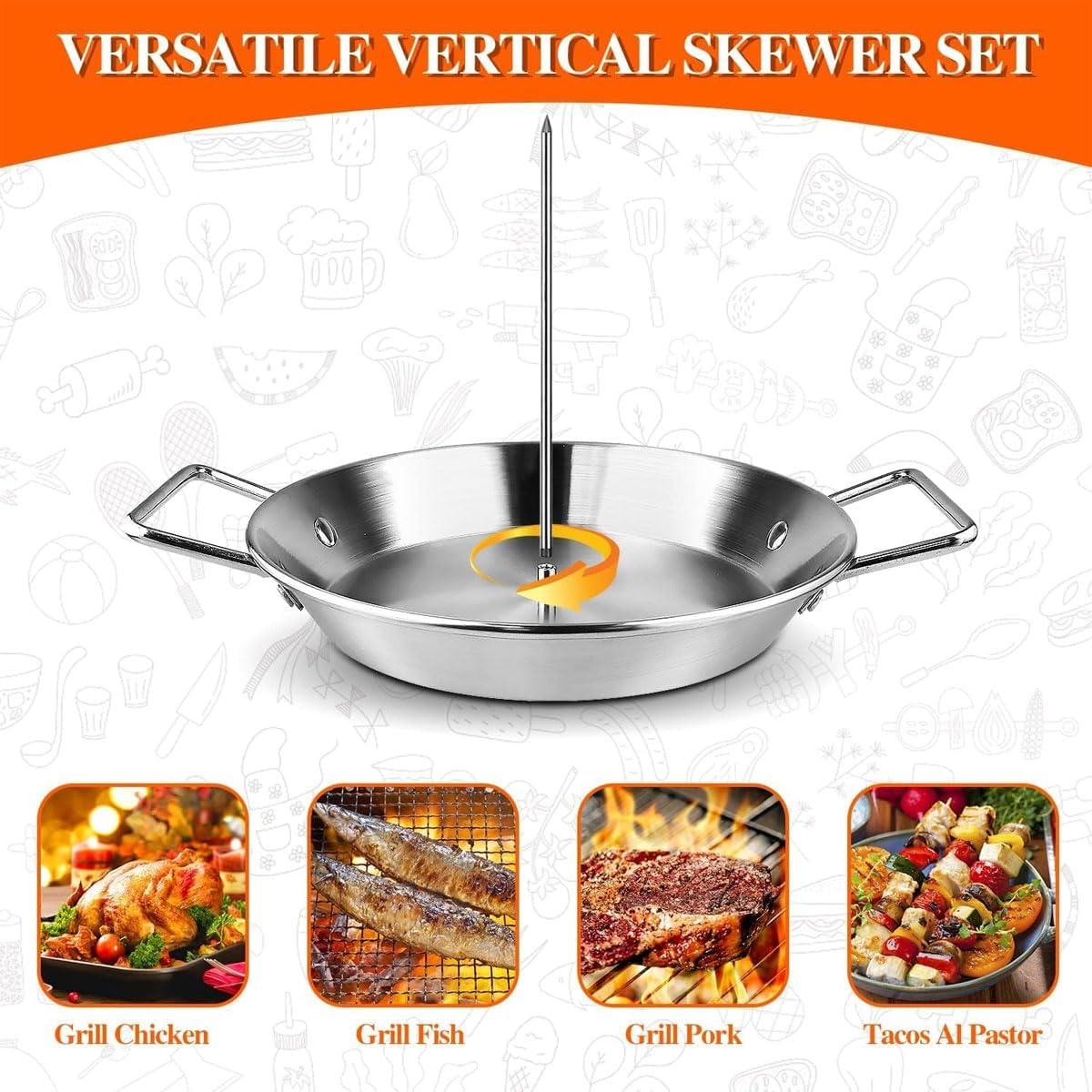 AIMALL Stainless Steel Vertical BBQ Pan Accessories Set - 3 Removable Skewers, Brush, Cushion Gloves, Oil Bottle, Brush Hook