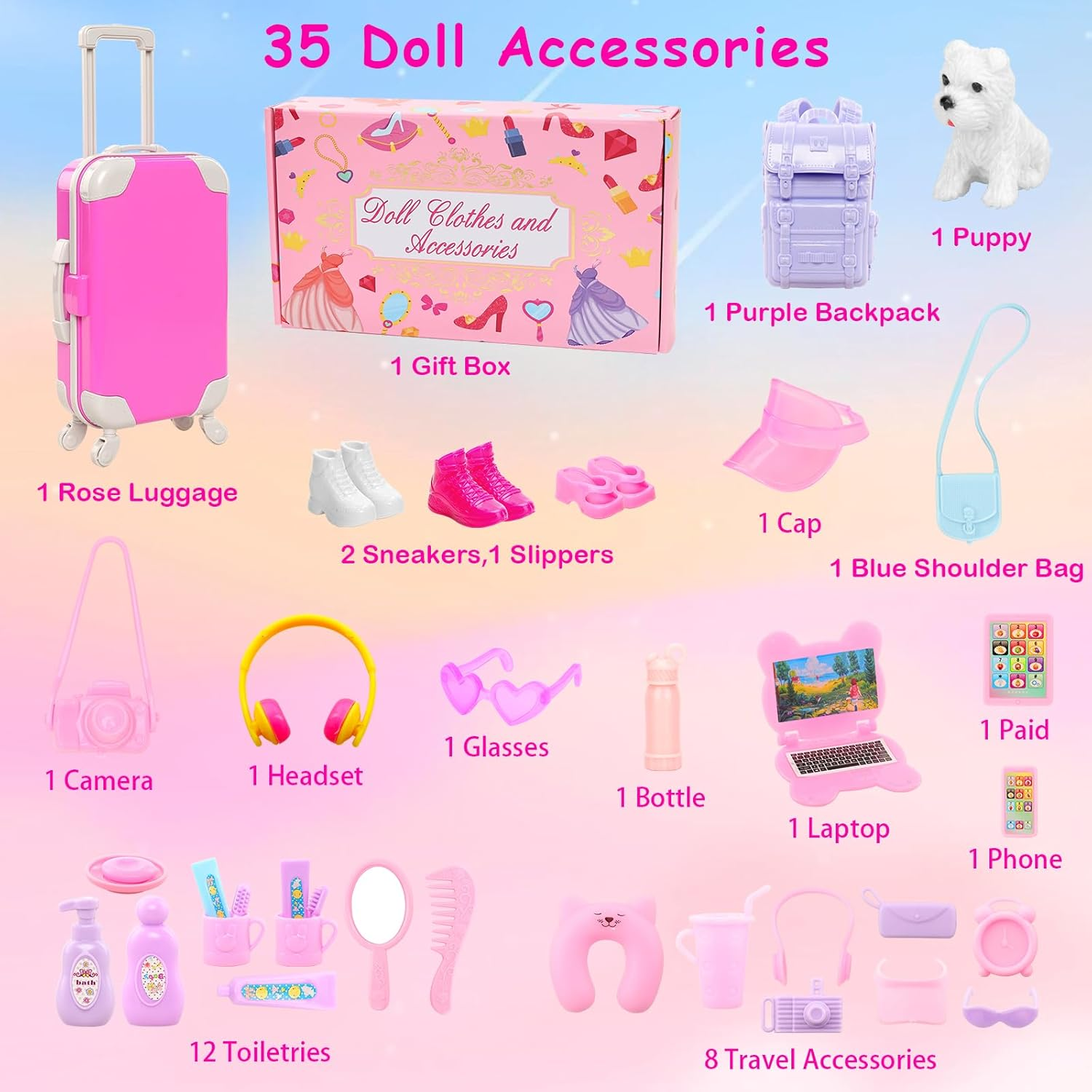 40 Pcs 11.5 Inch Girl Doll Clothes and Accessories Include Travel Suitcase 5 Outfits Dress Swimsuit 3 Shoes Luggage Backpack and Other Accessories for 11.5 Inch Girl Dolls image number 1