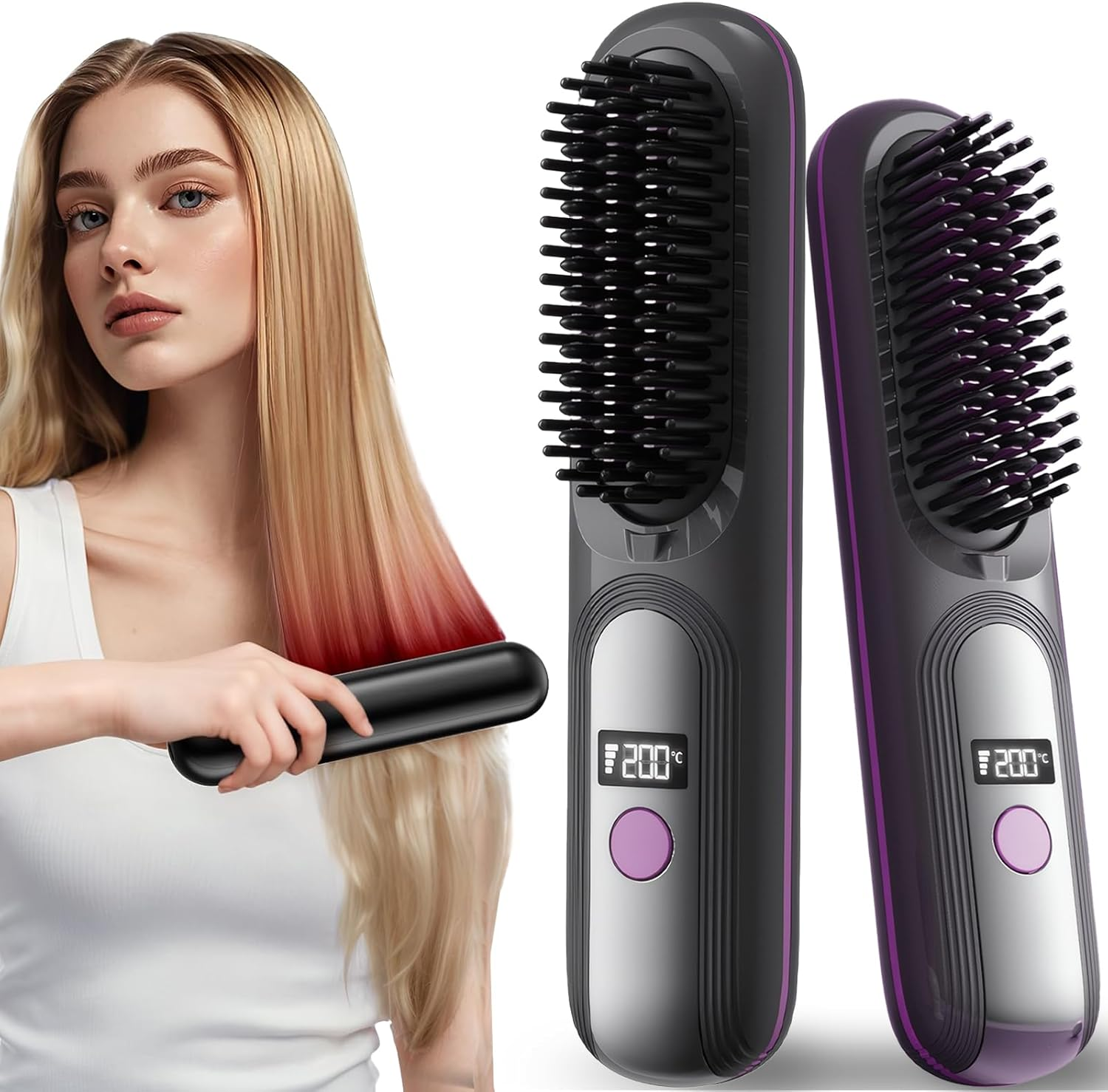 Cordless Hair Straightening Brush, Rechargeable Hair Straightening Brush, 200 Million Negative Ions Portable Travel Hair Straightener, 4 Temperature Modes, 30 Seconds Heating Mini Dual Purpose Straightening & Curling Brush, for Hair and Beard (Black) image number 5