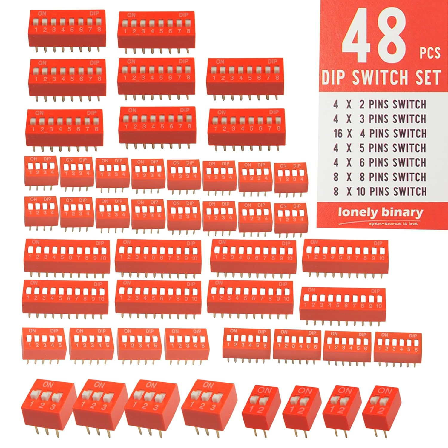 Lonely Binary 48-Pack DIP Switch Set &ndash; 2, 3, 4, 5, 6, 8, 10 Position DIP Switch Breadboard-Friendly Modules (48 Total Switches) for Arduino, Raspberry Pi Pico, ESP32 & DIY Electronics