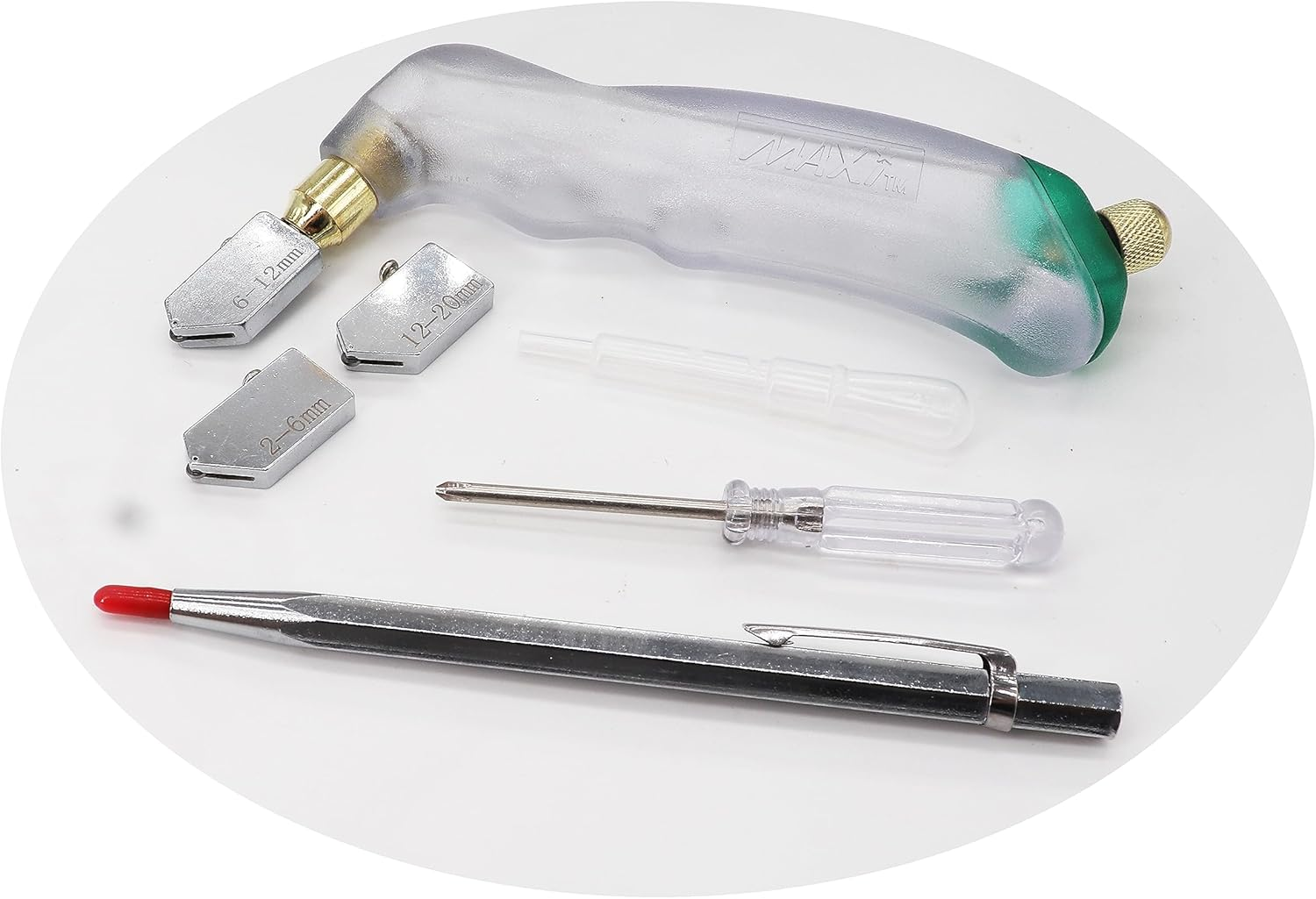 Glass Cutting Tool Kit with Pistol Grip Oil Feed Glass Cutter, 3 Pcs Replacement Head(3Mm-12Mm, 6Mm-19 Mm) Tungsten Scribe Engraving Pen, Screwdriver and Oil Dropper image number 1