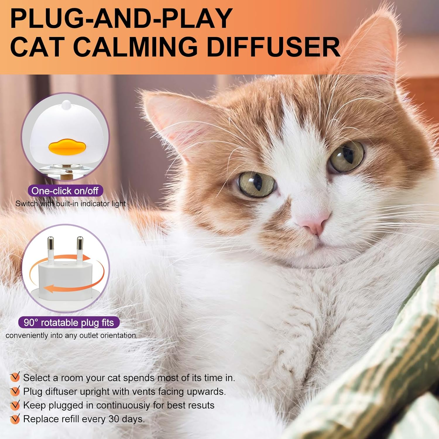 Cat Pheromones Calming Diffuser Relieve Anxiety Stress Cat Calming Diffuser for Cats 4 Refills, Reduce Fighting Spraying and Scratching Calm Relaxing Fits All Cats (4) image number 3