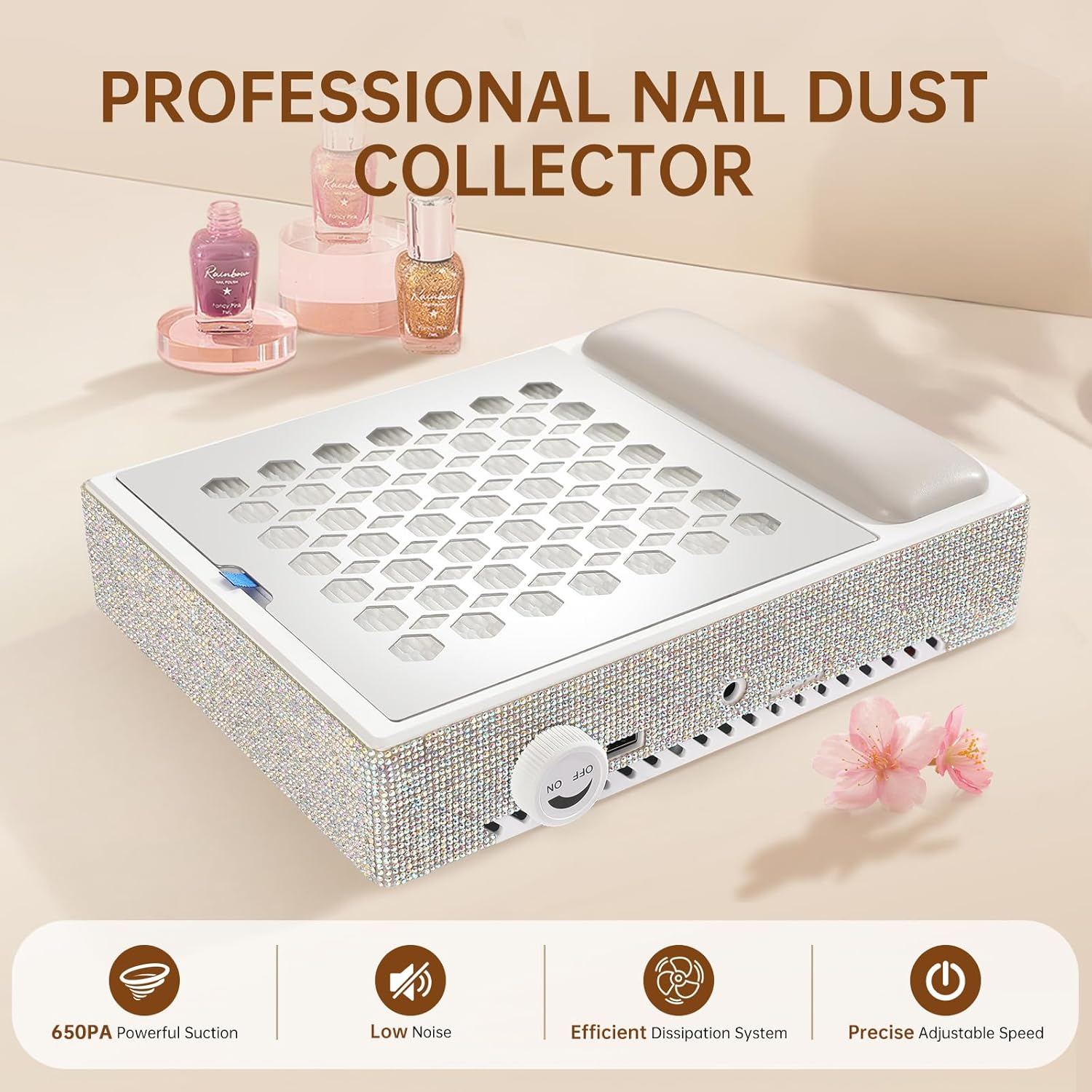 Rechargeable Nail Dust Collector Powerful 650PA 56W Nail Extractor Vacuum Suction Brushless Turbo Vent Fan Hand Pillow 30Pcs Cotton Filter AB White Diamond image number 6