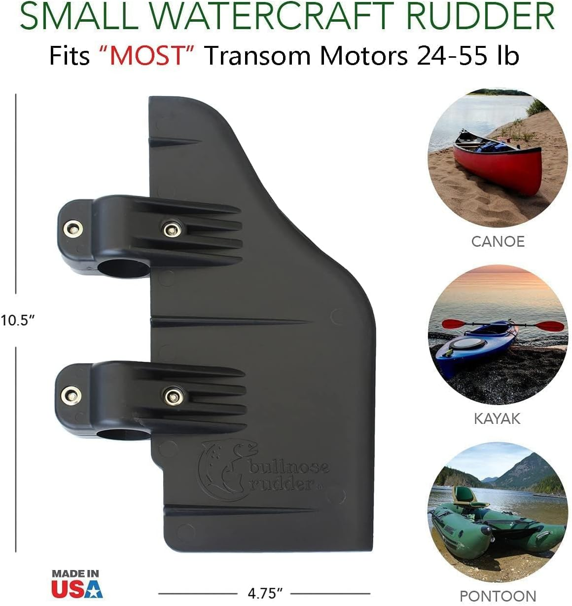 Bullnose Rudder Clamp on Boat Rudder Fits a 1.125" Transom Trolling Motor Shaft. Commonly Used For, Inflatable Pontoon, Pelican Bass Raider 10E, Fishing Kayak, Canoe, Jon Boat, Etc. USA Manufactured