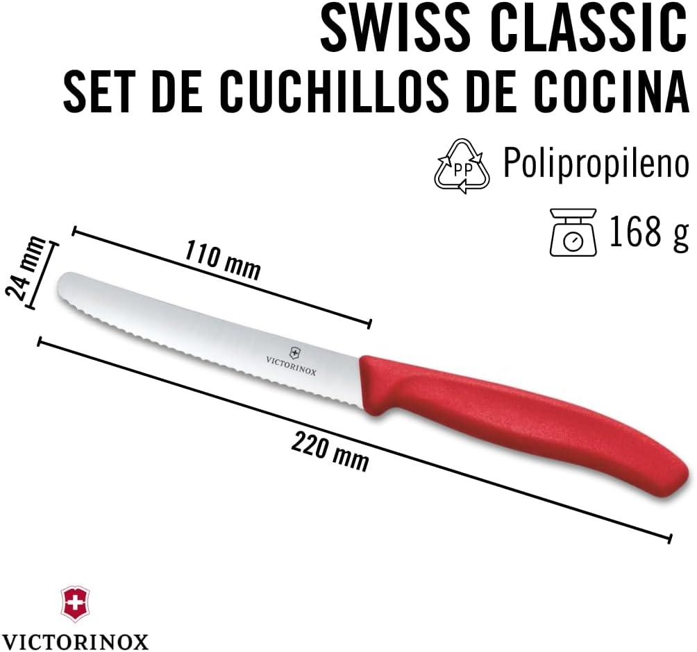 Victorinox Swiss Classic Tomato and Table Knife, Set of 6, Extra Sharp, Wavy Edge, 11 Cm, Stainless Steel, Multicolored